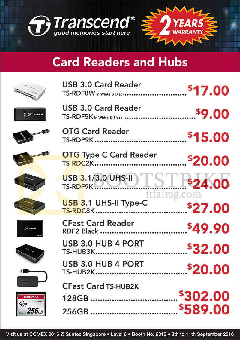 COMEX 2016 price list image brochure of Convergent Transcend Card Readers, Hubs, USB 3.0, OTG, Type C, USB 3.1, CFast