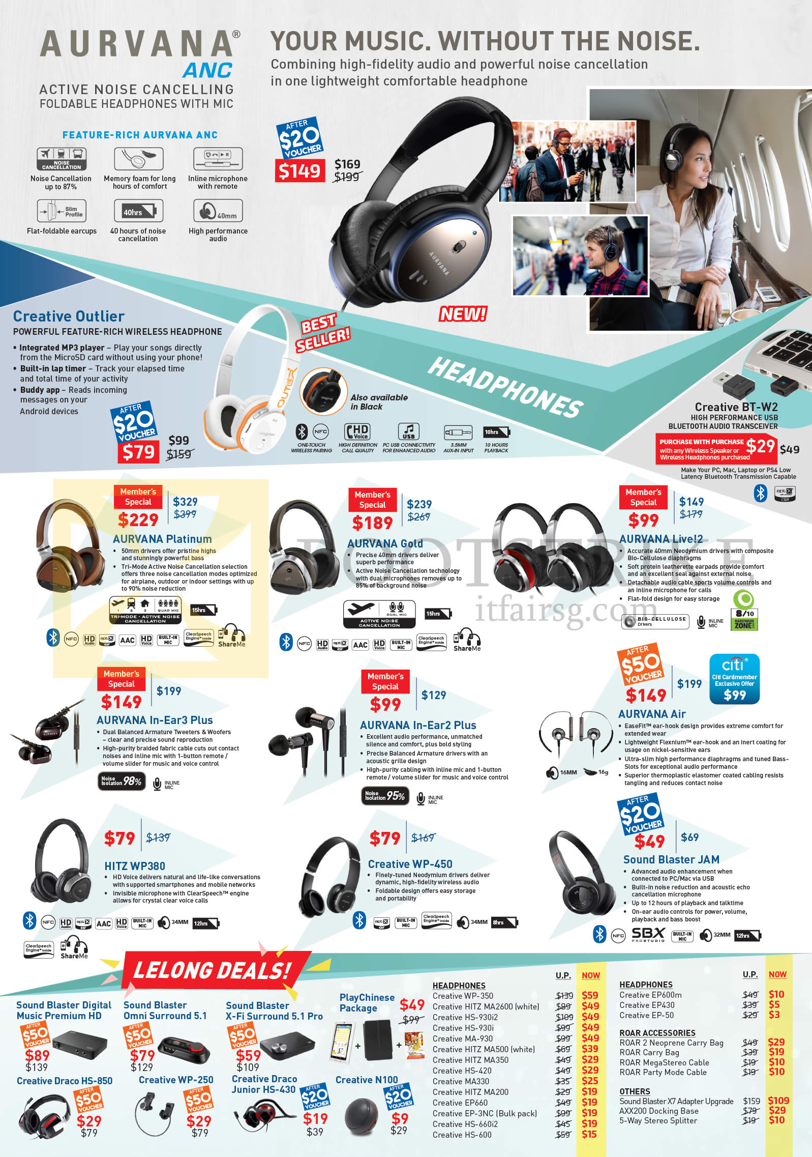 COMEX 2016 price list image brochure of Creative Aurvana Headphones, Earphones, Lelong Deals, Outlier, Aurvana Platinum, Gold, Live 2, In-Ear 3 Plus, Air, HITZ WP380, WP-450, Sound Blaster JAM