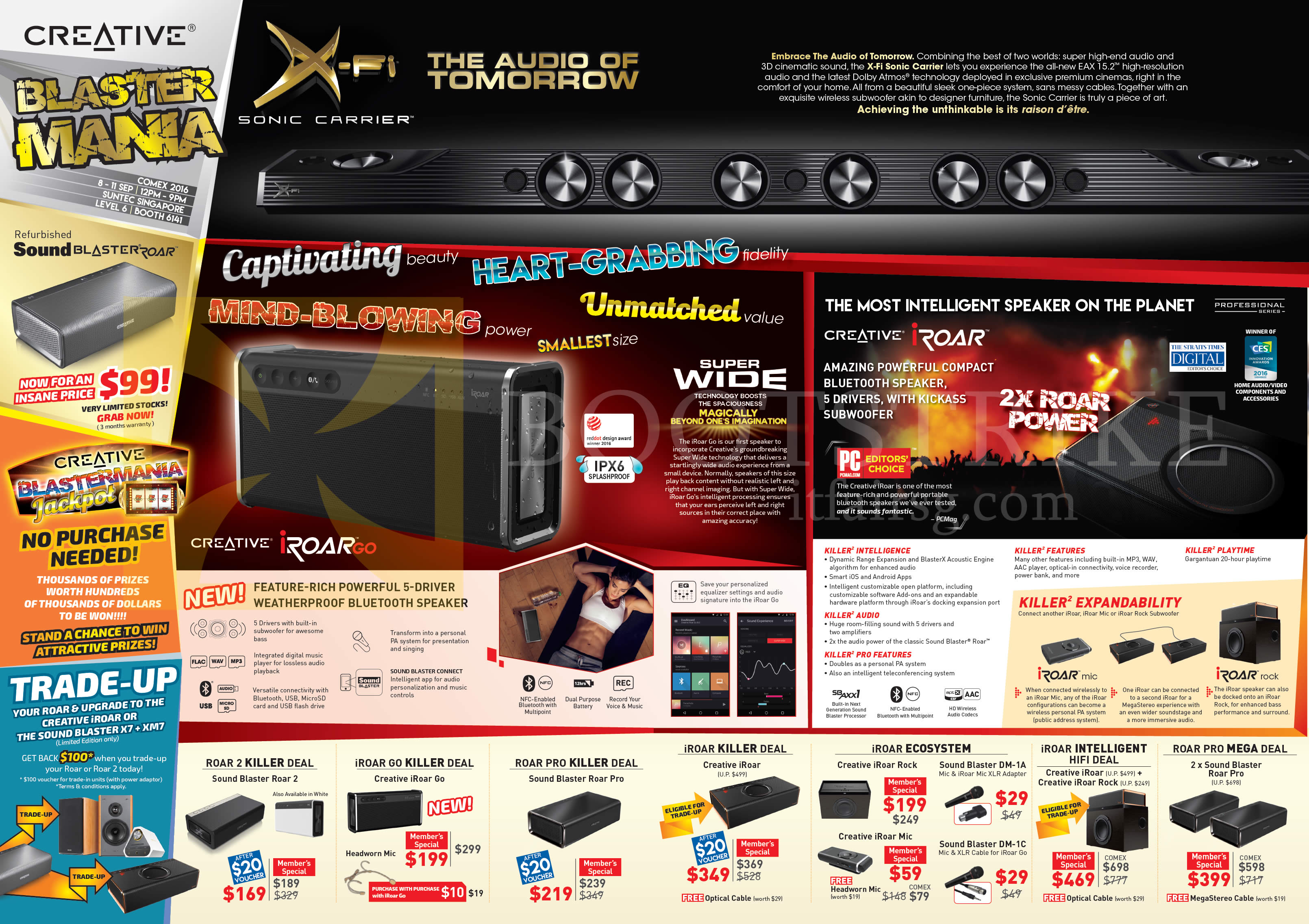 COMEX 2016 price list image brochure of Creative Blaster Mania Speaker Systems IRoar Go, Roar 2, Go, Pro, Killer Deals, IRoar, EcoSystem, Intelligent Hifi, Pro Mega Deals