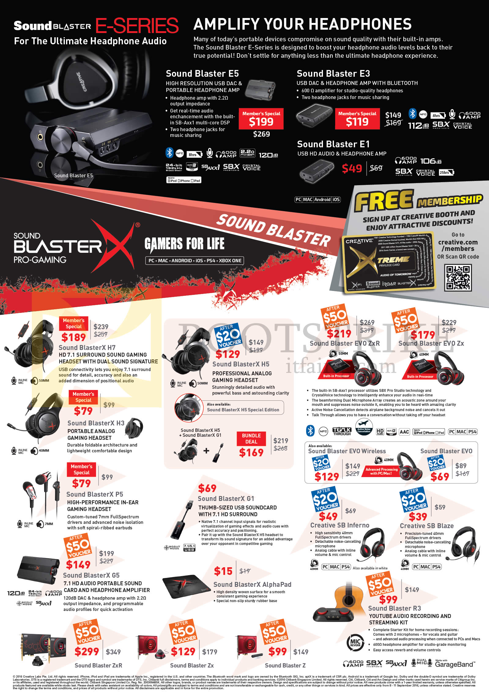 COMEX 2016 price list image brochure of Creative Sound Blaster Headphones, Earphones, Cables, Sound Cards, Amplifier, E5, E3, H7, H5, Evo ZxR, Zx, H3, P5, G1, SB Inferno, SB Blaze, G5, Alpha Red, R3