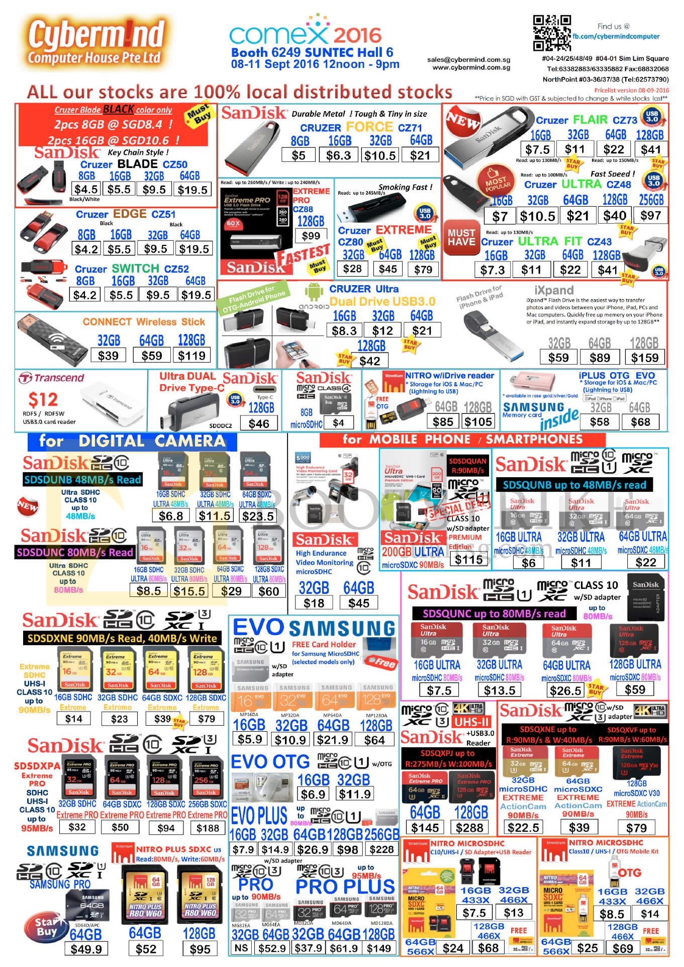 COMEX 2016 price list image brochure of Cybermind Accessories Thumb Drives, SD Cards, SanDisk, Transcend, Nitro MicroSDHC, IXPand, Samsung EVO