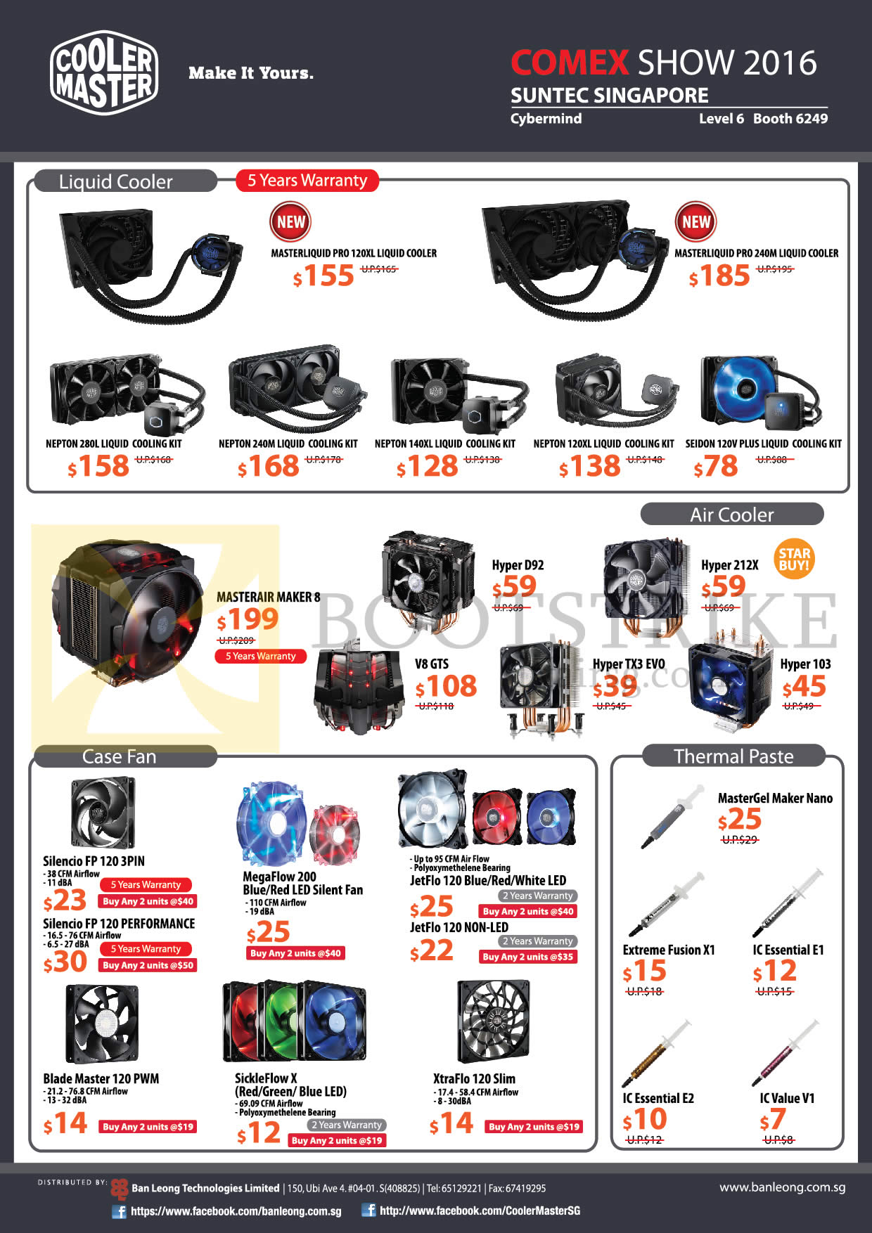 COMEX 2016 price list image brochure of Cybermind Cooler Master Accessories Liquid Coolers, Air Coolers, Case Fans, Thermal Pastes, Masterliquid 120XL, Nepton 280L, 240M, MasterAir, Hyper D92, V8 GTS, Hyper TX3 Evo