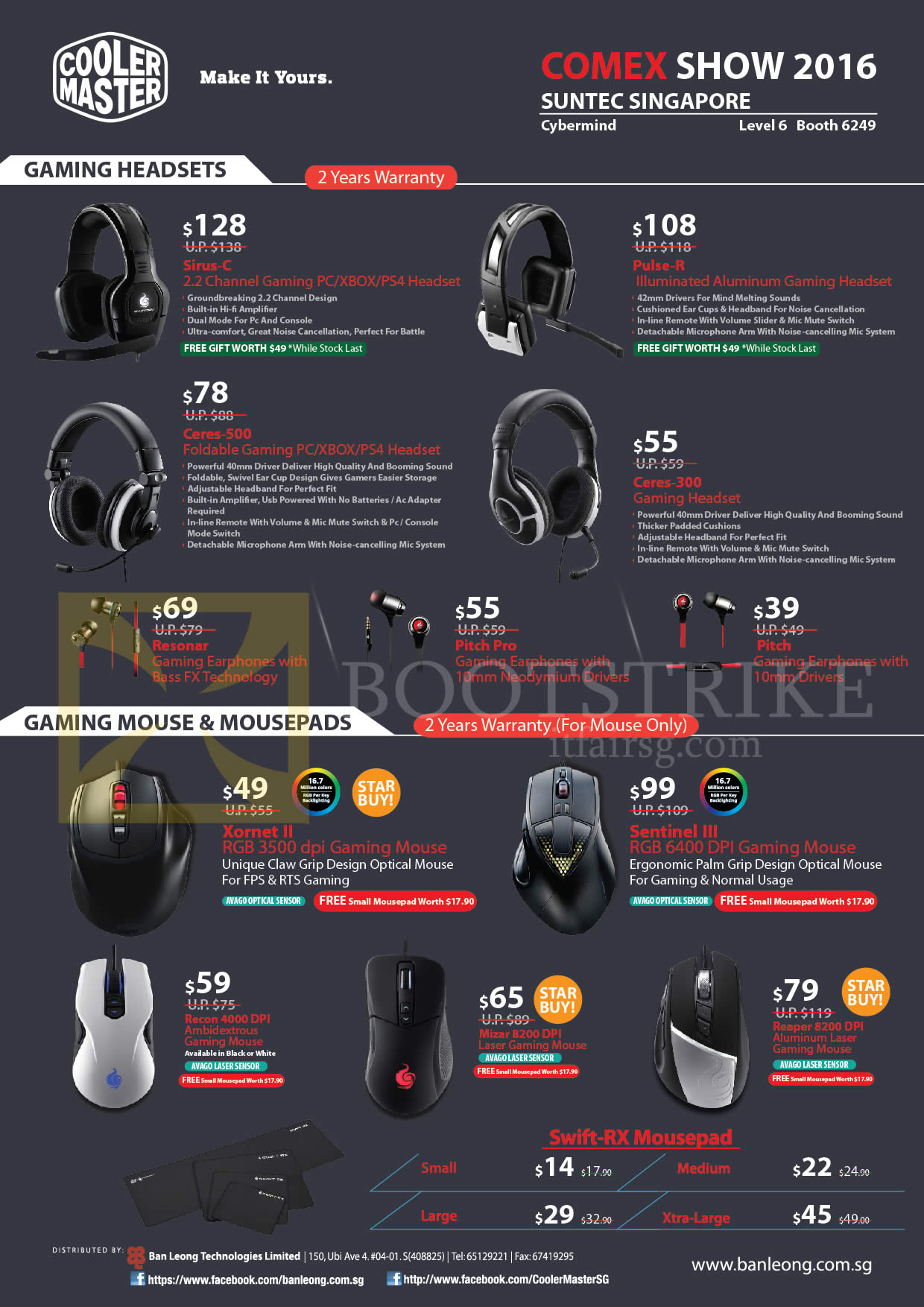 COMEX 2016 price list image brochure of Cybermind Cooler Master Gaming Headsets, Mouse, Mousepads, Sirus-C, Pulse-R, Ceres-500 300, Resonar, Pitch Pro, Pitch, Xornet II, Sentinel III, Recon 4000, Mizar 8200 DPI, Reaper 8200 DPI