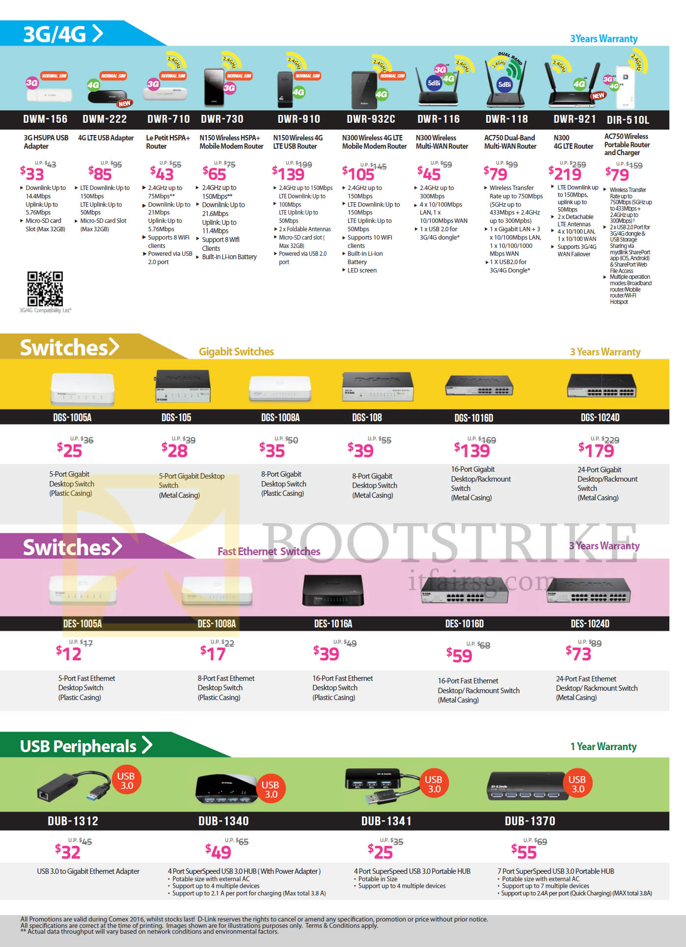 COMEX 2016 price list image brochure of D-Link Networking 3G, 4G, Switches, USB, DWM-156, 222, DWR-710, 730, 910, 932C, 116, 118, 921, DGS-1005A, 105, 1008A, 108, 1016D, 1024D, DES-1005A, 1008A, DUB-1312