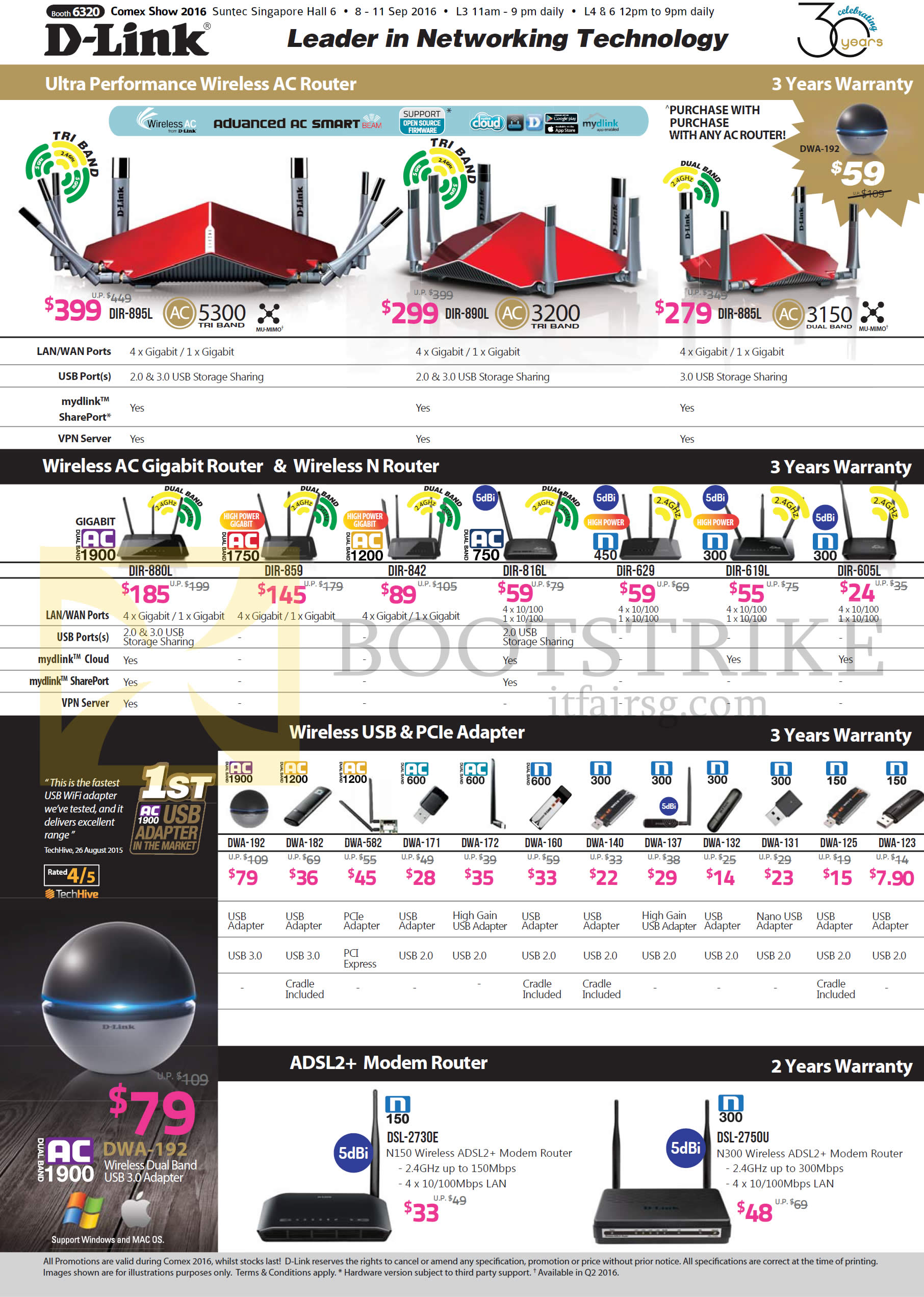 COMEX 2016 price list image brochure of D-Link Networking Wireless Routers, USB PCIe Adapters, DIR-895L, 890L, 885L, 880L, 859, 816L, 619L, 605L, DWA-192, 182, 582, 171, 160, 140, DSL-2730E, 2750E