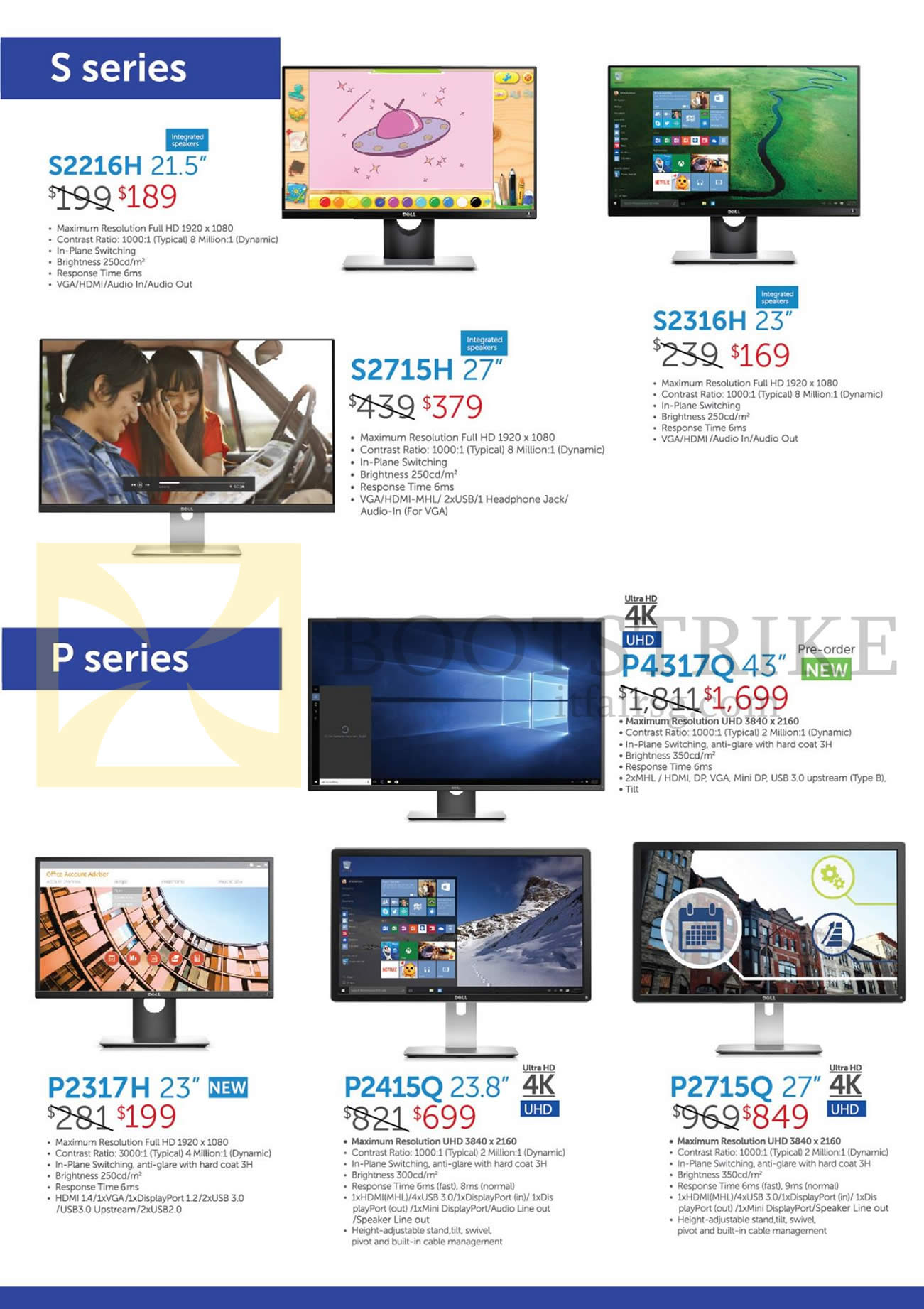 COMEX 2016 price list image brochure of Dell Monitors UHD S2216H, S2715H, S2316H, P4317Q, P2317H, P2415Q, P2715Q