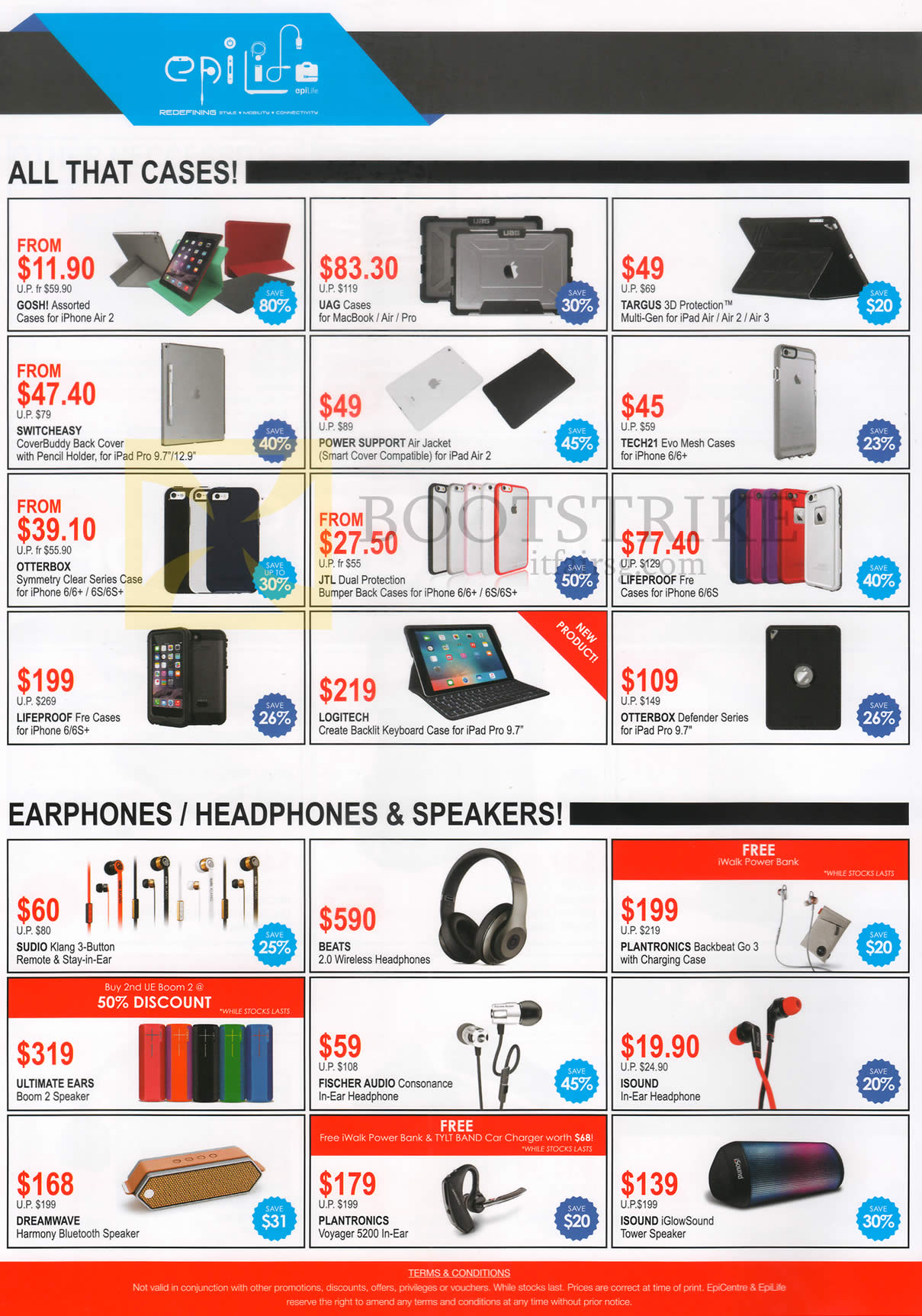 COMEX 2016 price list image brochure of EpiCentre Cases, Earphones, Headphones, Speakers, Gosh, UAG, Targus, Tech21, Otterbox, Lifeproof, JTL, Logitech, Studio, Beats, Plantronics, ISound