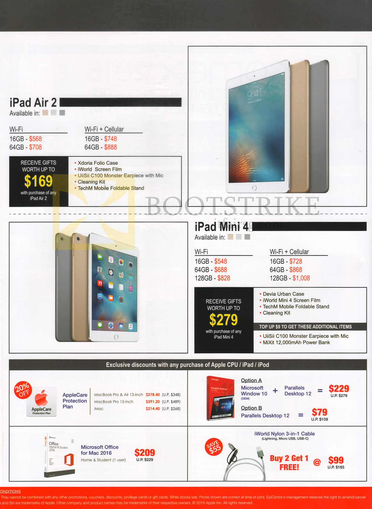 COMEX 2016 price list image brochure of EpiCentre Tablets Apple IPad Air 2, Mini 4, Apple Care Protection Plan, Microsoft Office For Mac 2016, Cable