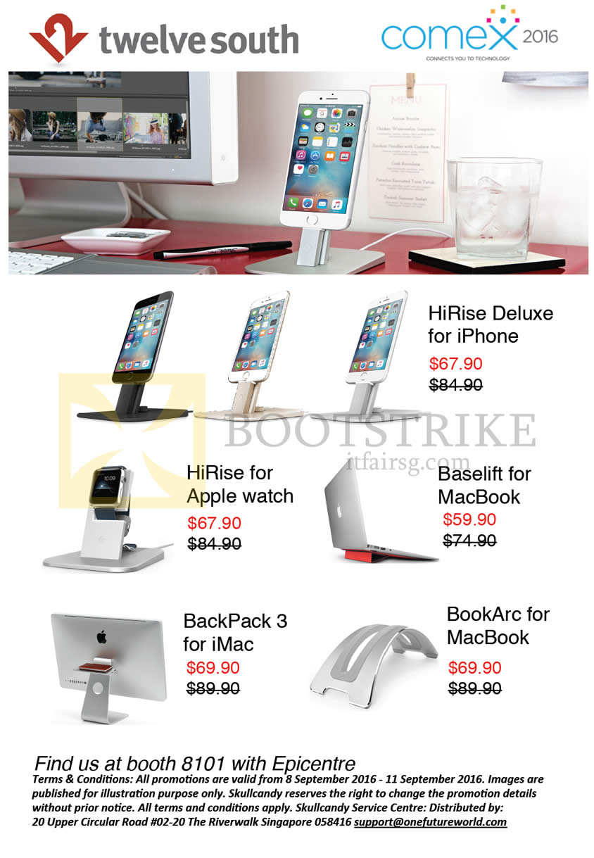 COMEX 2016 price list image brochure of Epicentre 12South Apple Accessories, HiRise, BackPack, BookArc, Baselift