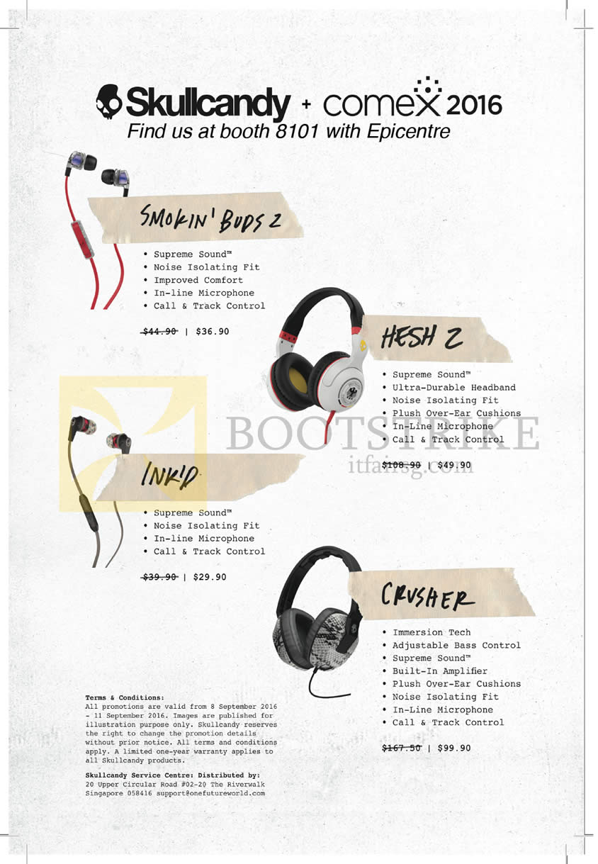 COMEX 2016 price list image brochure of Epicentre Skullcandy Headphones Earphones Smokin Buds2, Hesh 2, Inkd, Crusher