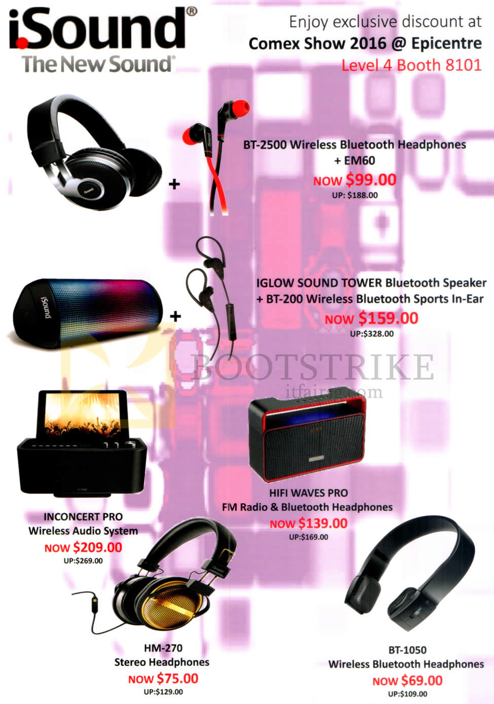 COMEX 2016 price list image brochure of Epicentre ISound Headphones, Speakers, Audio System, FM Radio, BT-2500, Iglow Sound Tower, BT-200, Inconcert Pro, Hifi Waves Pro, HM-270, BT-1050