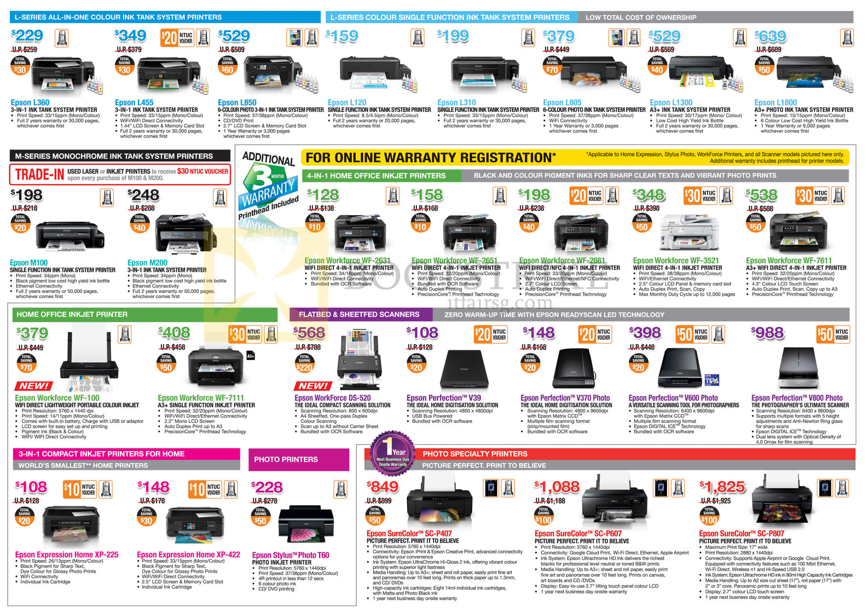 COMEX 2016 price list image brochure of Epson Printers, Scanners, L Series, 4 In 1 Home Office, Home Office, Photo Specialty, 3 In 1 Compact