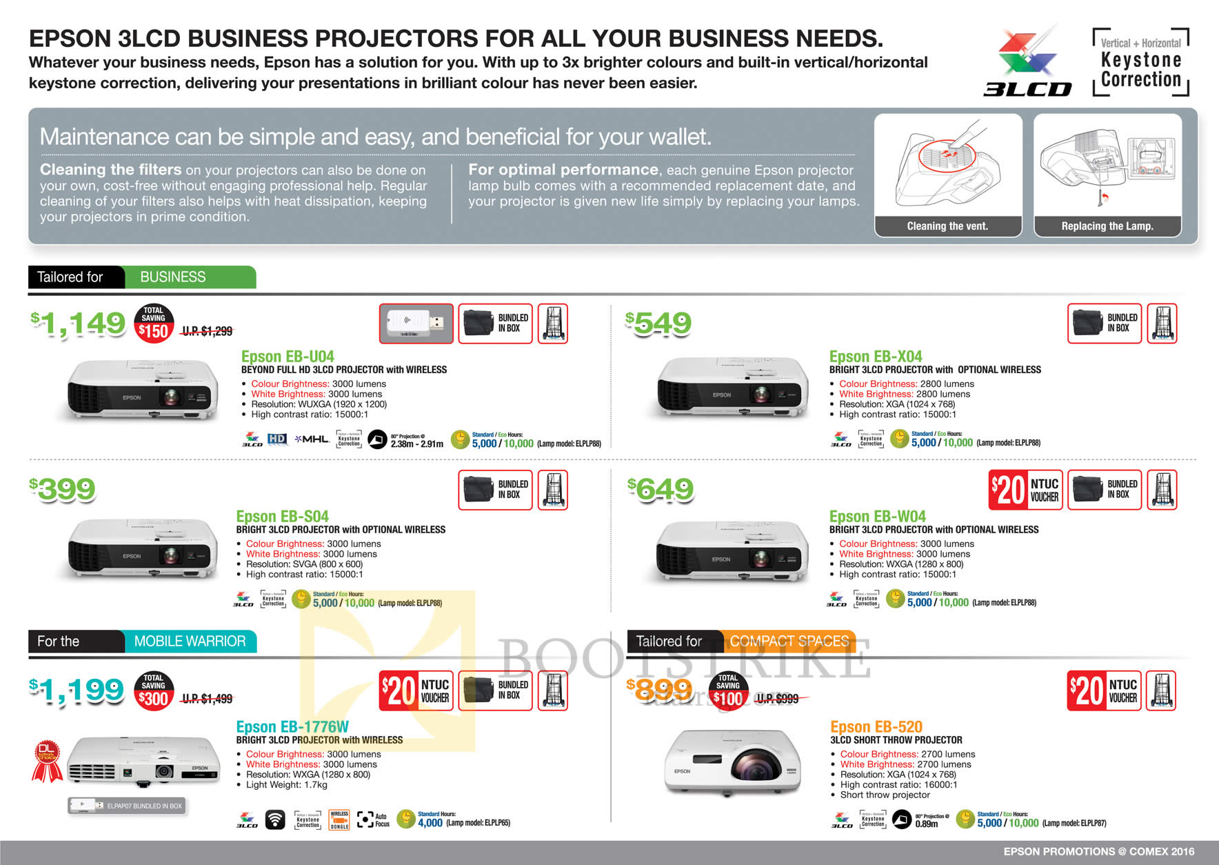 COMEX 2016 price list image brochure of Epson Projectors EB-U04, X04, S04, W04, 1776W, 520