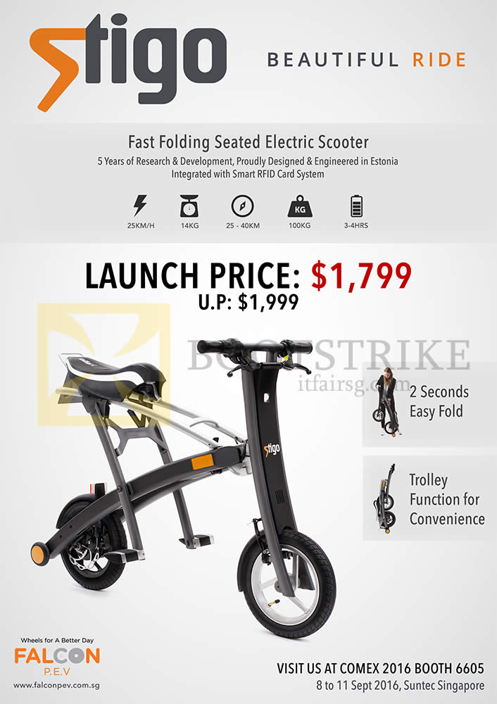 COMEX 2016 price list image brochure of Falcon Stigo Electric Scooter