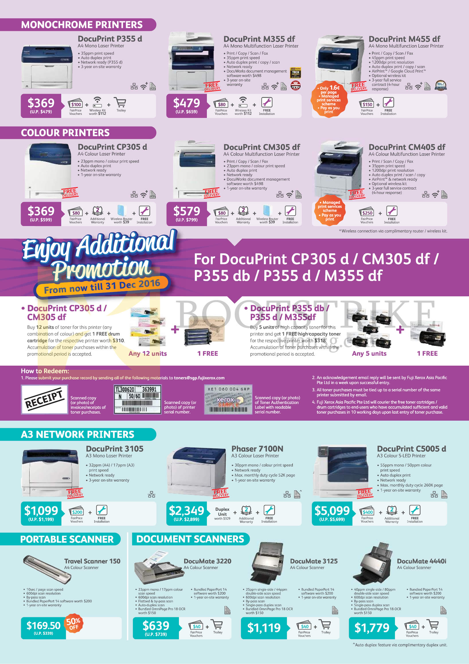 COMEX 2016 price list image brochure of Fuji Xerox Printers Laser, Scanners, DocuPrint P355d, M355df, M455df, CP305d, CM305df, CM305df, P355db, P355d, S-LED C5005d, Phaser 7100N, Documate 3220, Scanner 150