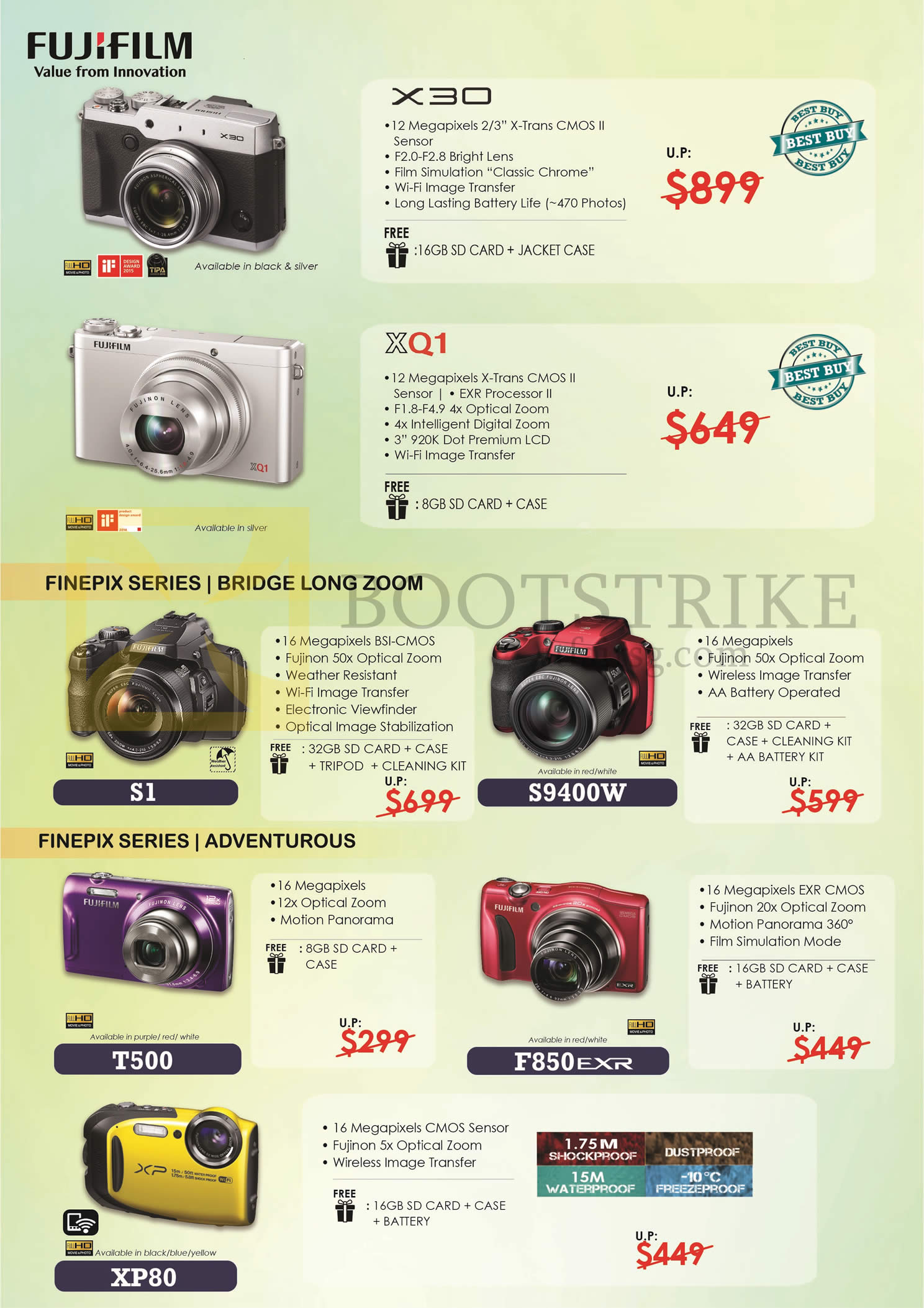 COMEX 2016 price list image brochure of Fujifilm (No Prices) Digital Cameras Finepix X30, XQ1, S1, S9400W, T500, F850EXR, XP80