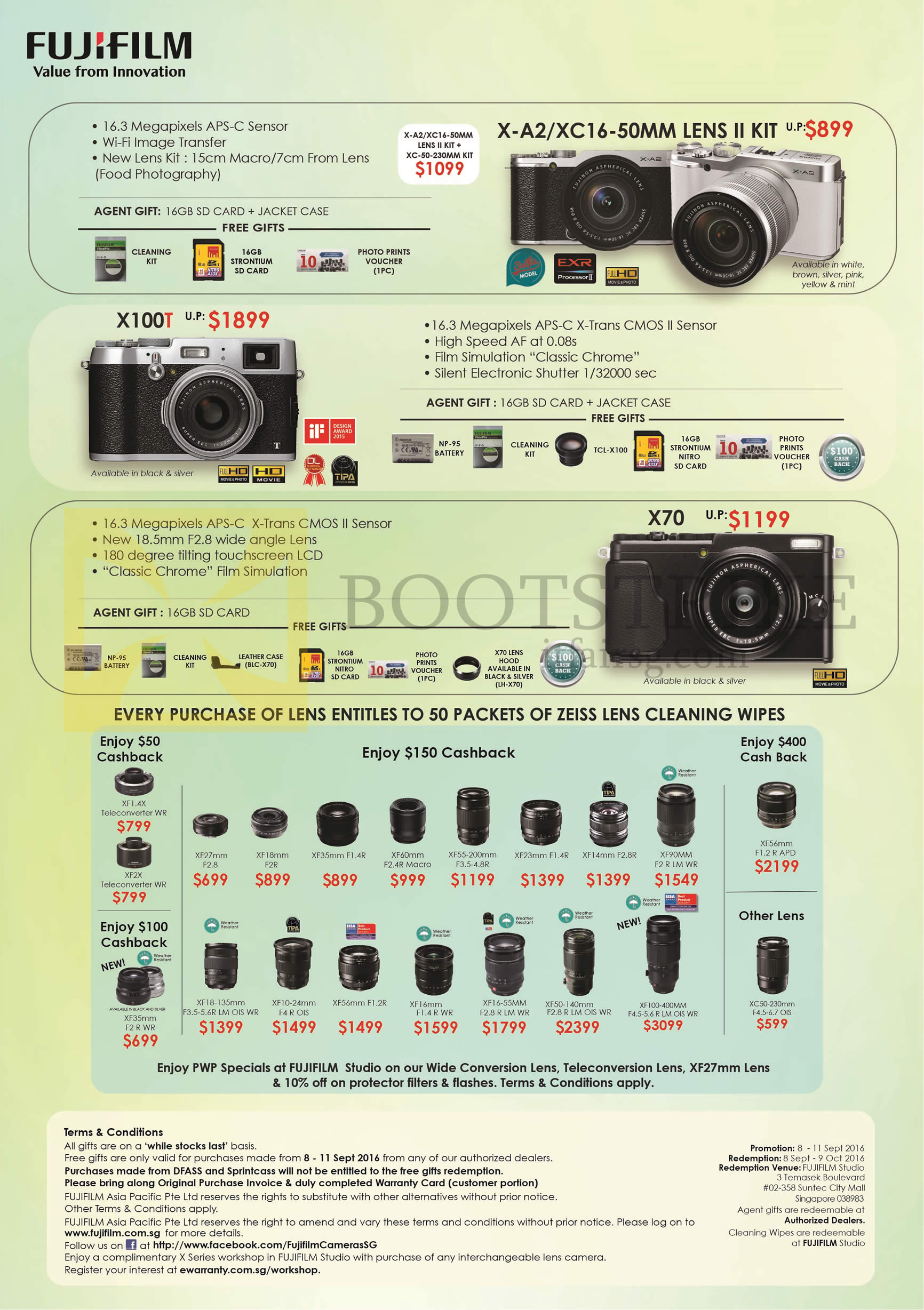 COMEX 2016 price list image brochure of Fujifilm Digital Cameras X-A2, X100T, X70, Lenses