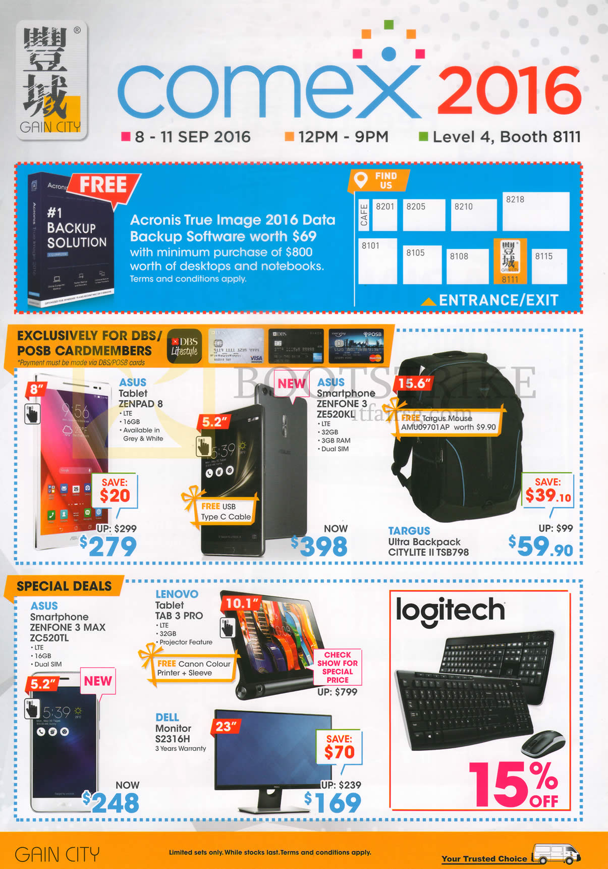 COMEX 2016 price list image brochure of Gain City Accessories Asus Zenpad 8, 3, 3 Max, Tab 3 Pro, Targus Backpack, Dell Monitor S2316H