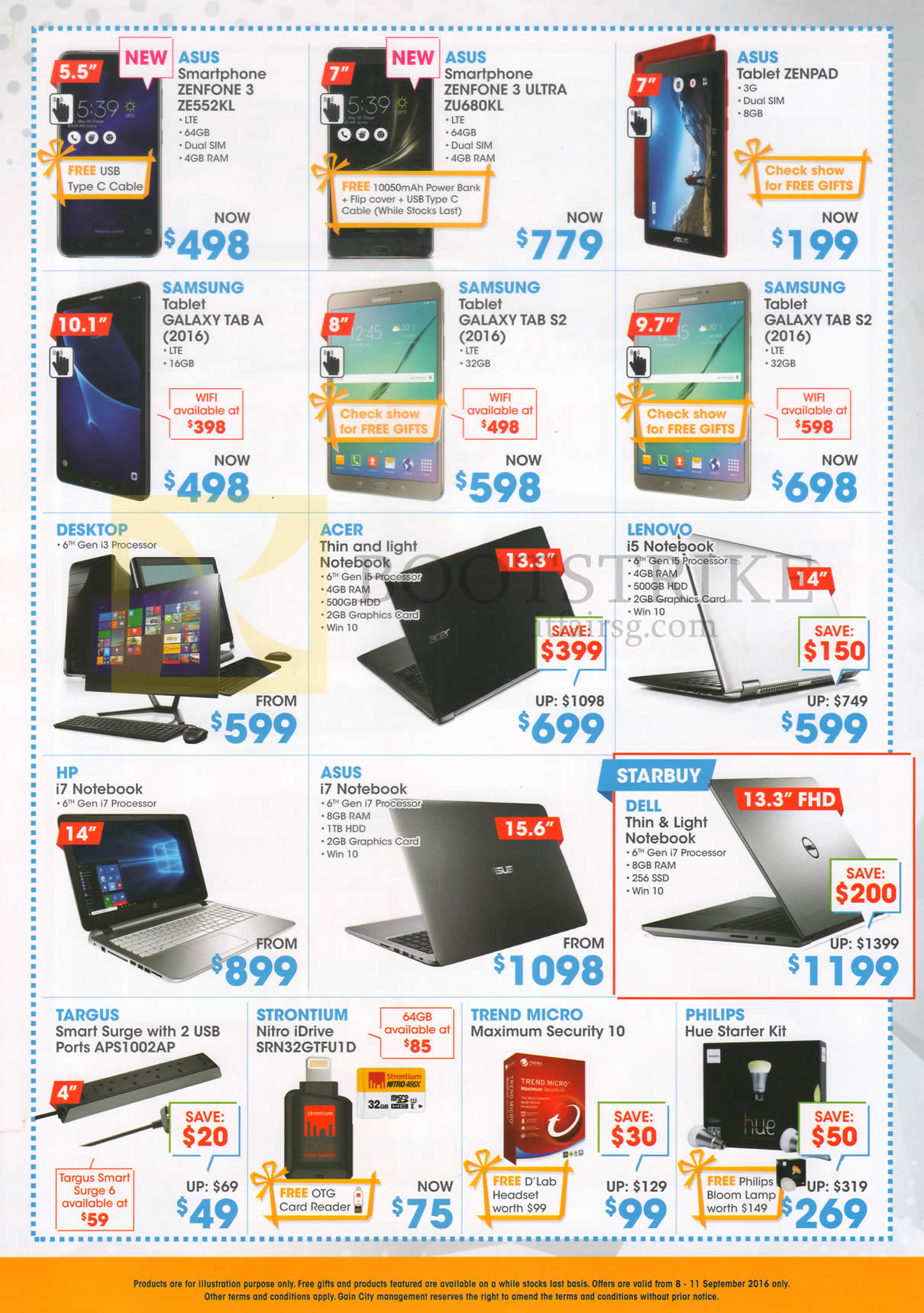 COMEX 2016 price list image brochure of Gain City Notebooks, Desktop PC, ASUS Zenfone, Samsing, Acer, HP, Lenovo, Dell, Targus, Strontium, Trend Micro