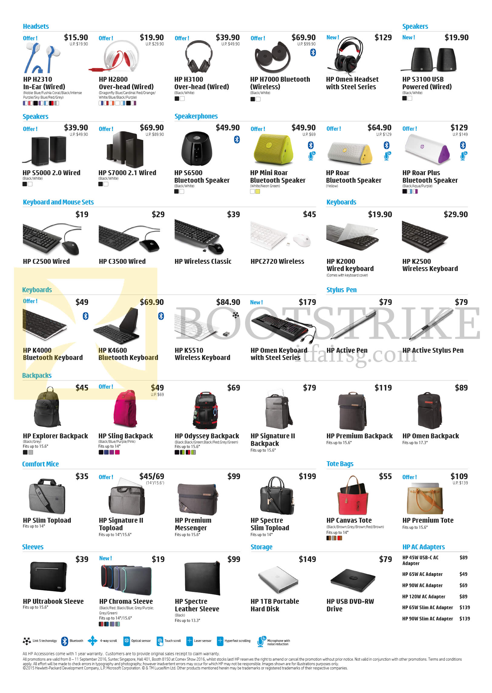 COMEX 2016 price list image brochure of HP Accessories Headsets, Speakers, Speakerphones, Keyboard, Mouse Sets, Stylus Pen, Backpacks, Sleeves, Storage, AC Adapters