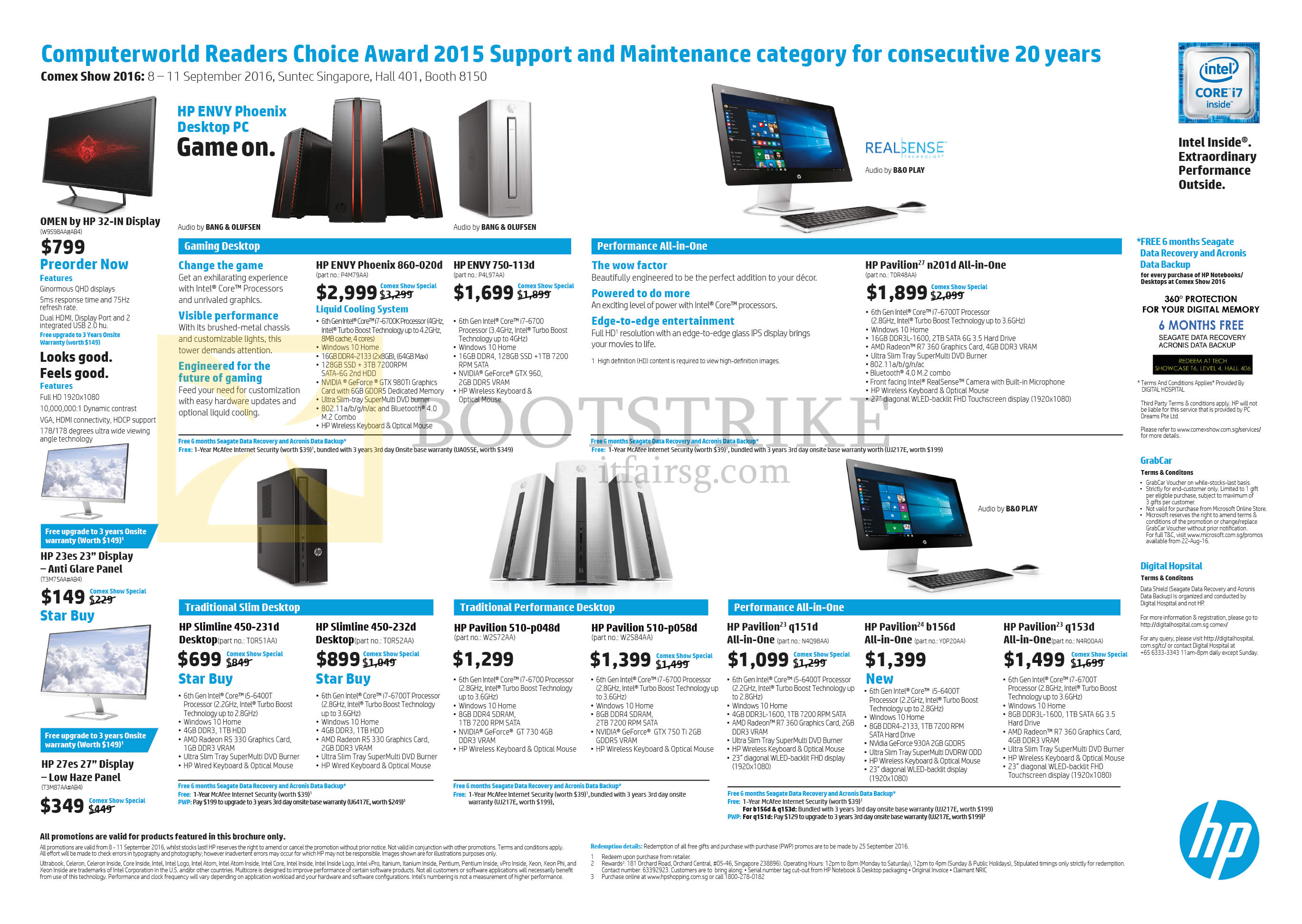 COMEX 2016 price list image brochure of HP Desktop PCs, Monitors, Envy, Envy Phoenix, Pavilion, Slimline, Omen