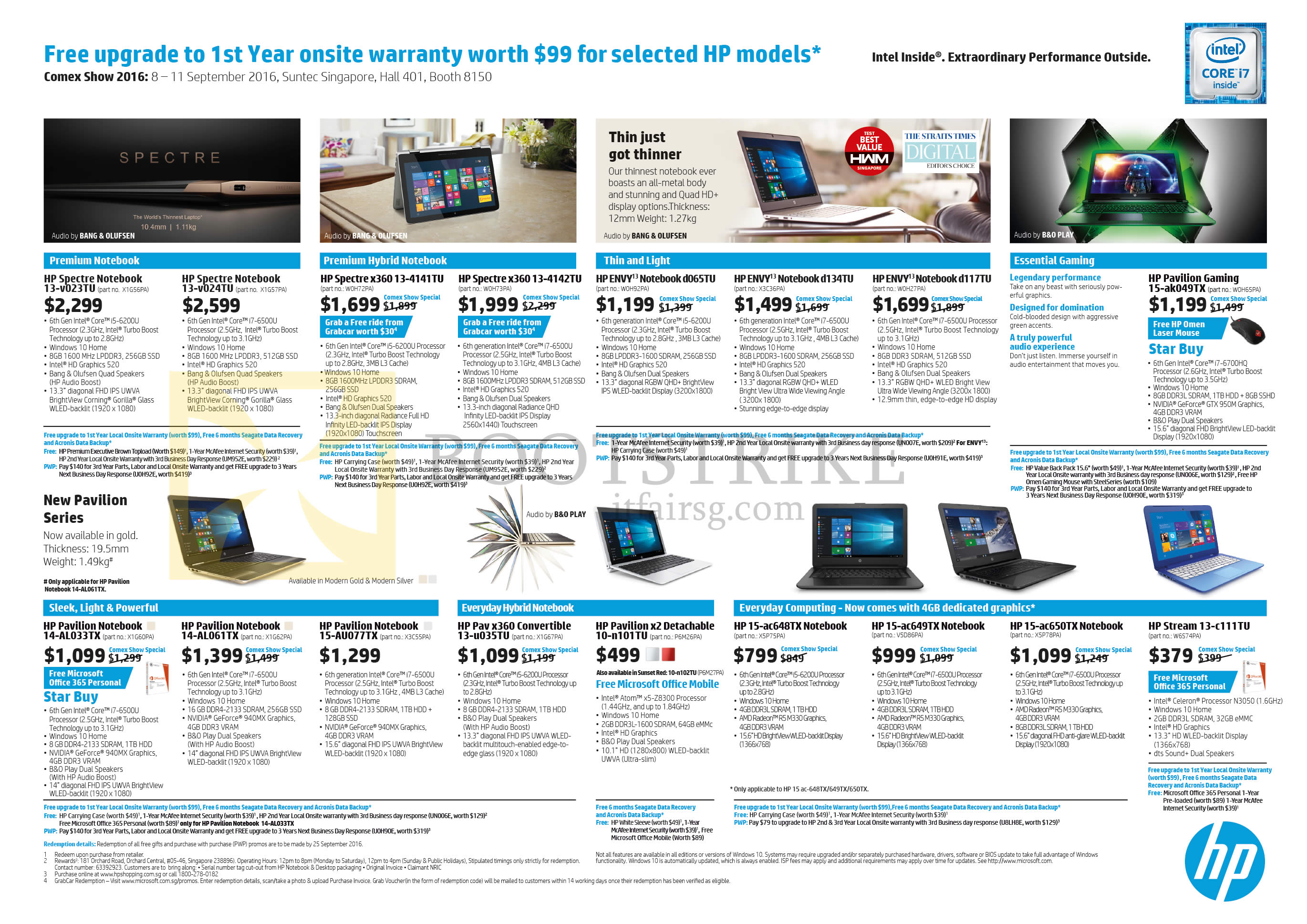 COMEX 2016 price list image brochure of HP Notebooks Spectre, Envy, Pavilion, Gaming, Stream Series