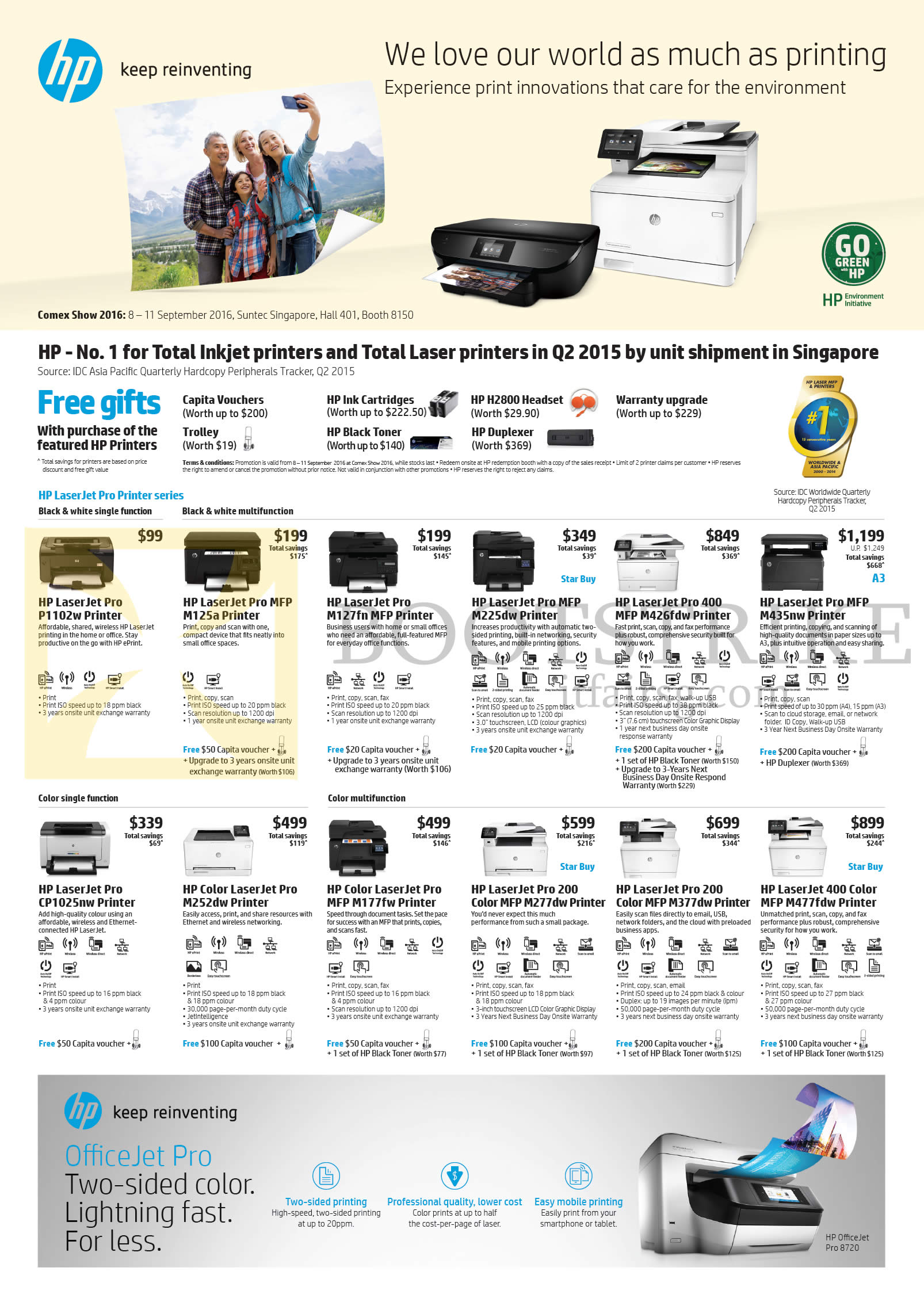 COMEX 2016 price list image brochure of HP Printers LaserJet Pro Black, White Single Function, Multi Function, Color Single Function, Color Multifunction