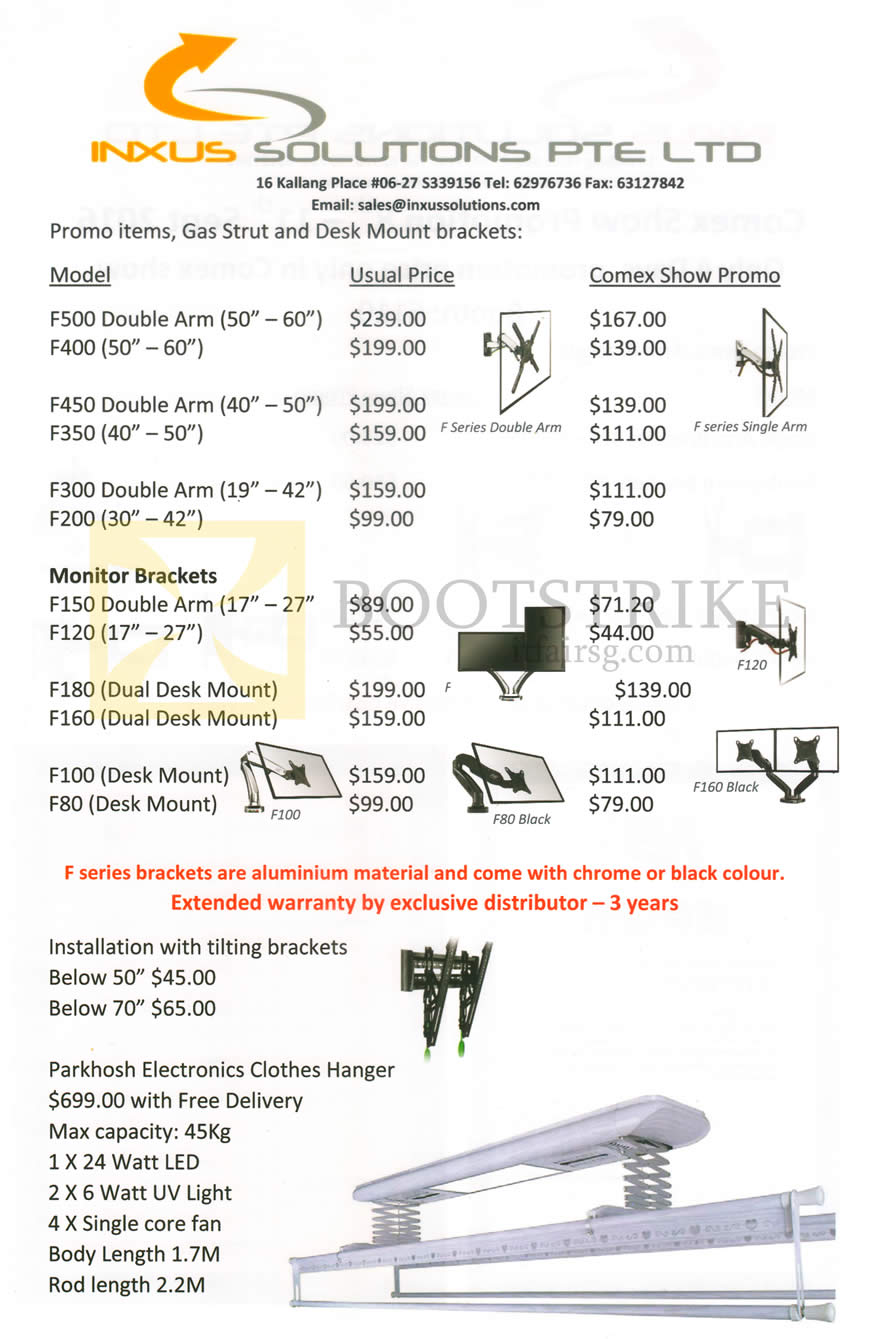 COMEX 2016 price list image brochure of Inxus Solutions Gas Strut, Desk Mount Brackets, Tilting Brackets, Monitor, Clothes Hanger