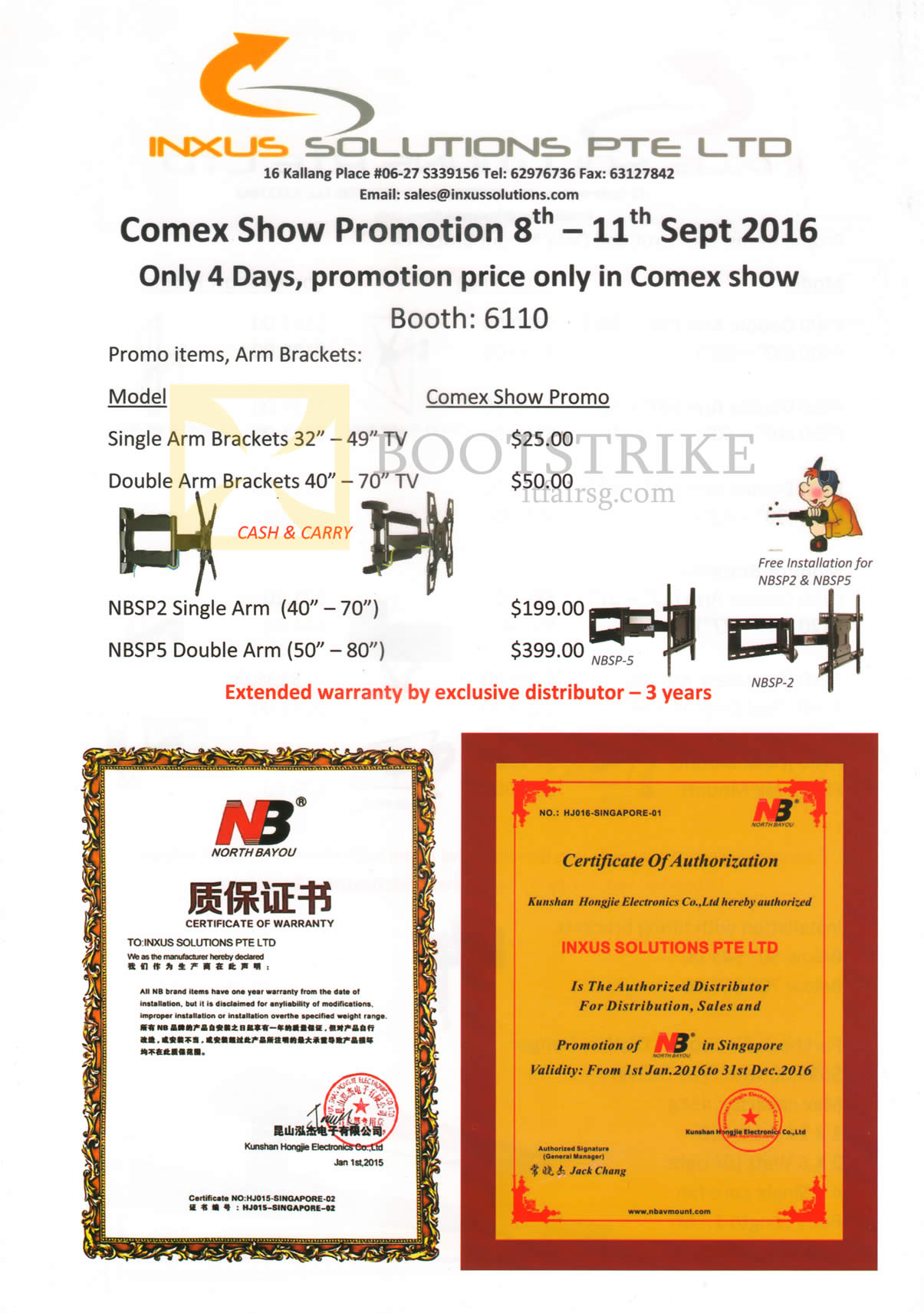 COMEX 2016 price list image brochure of Inxus Solutions TV Brackets, Arms