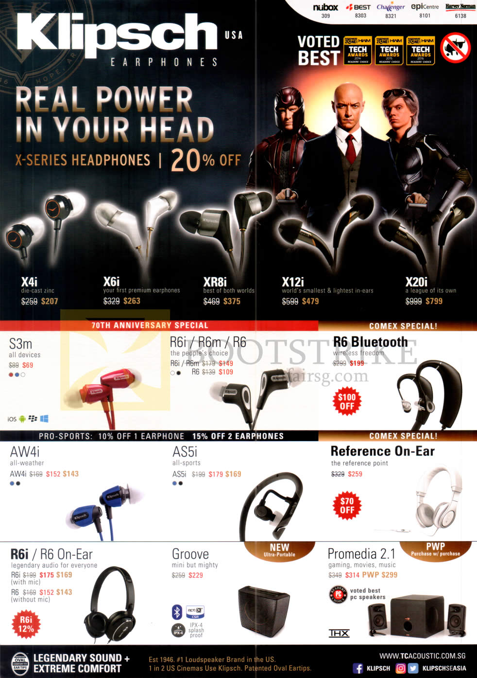 COMEX 2016 price list image brochure of Klipsch Headphones, Earphones, Speakers, X4i, X6i, XR8i, X12i, X20i, S3m, R6i, R6m, R6, R6 Bluetooth, AW4i, AS5i, Reference On-Ear, R6i, R6 On-Ear, Groove, Promedia 2