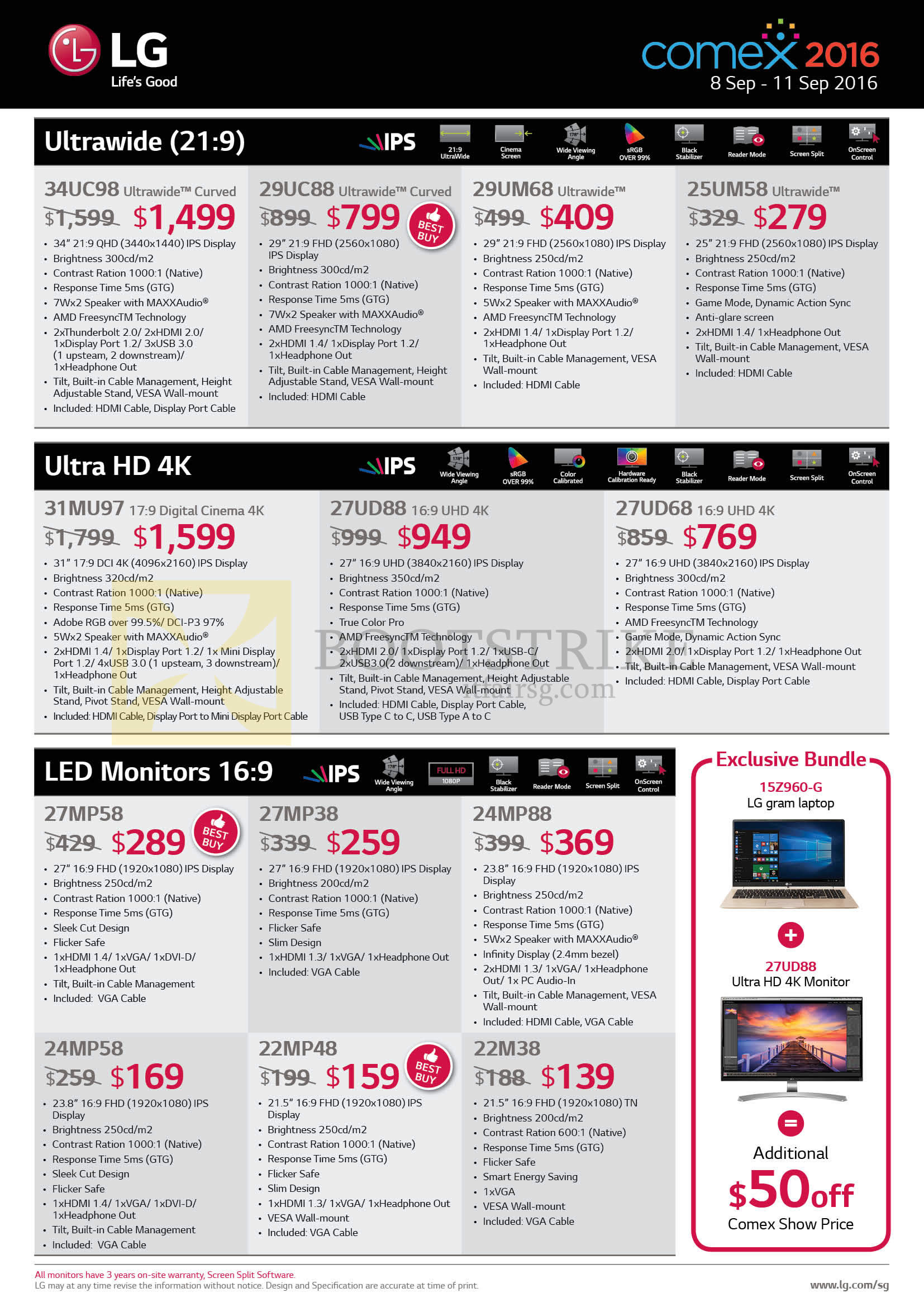 COMEX 2016 price list image brochure of LG Notebooks, Monitors, 34UC98, 29UC88, 29UM68, 25UM58, 31MU97, 27UD88, 27UD68, 27MP58, 27MP38, 24MP88, 24MP58, 22MP48, 22M38