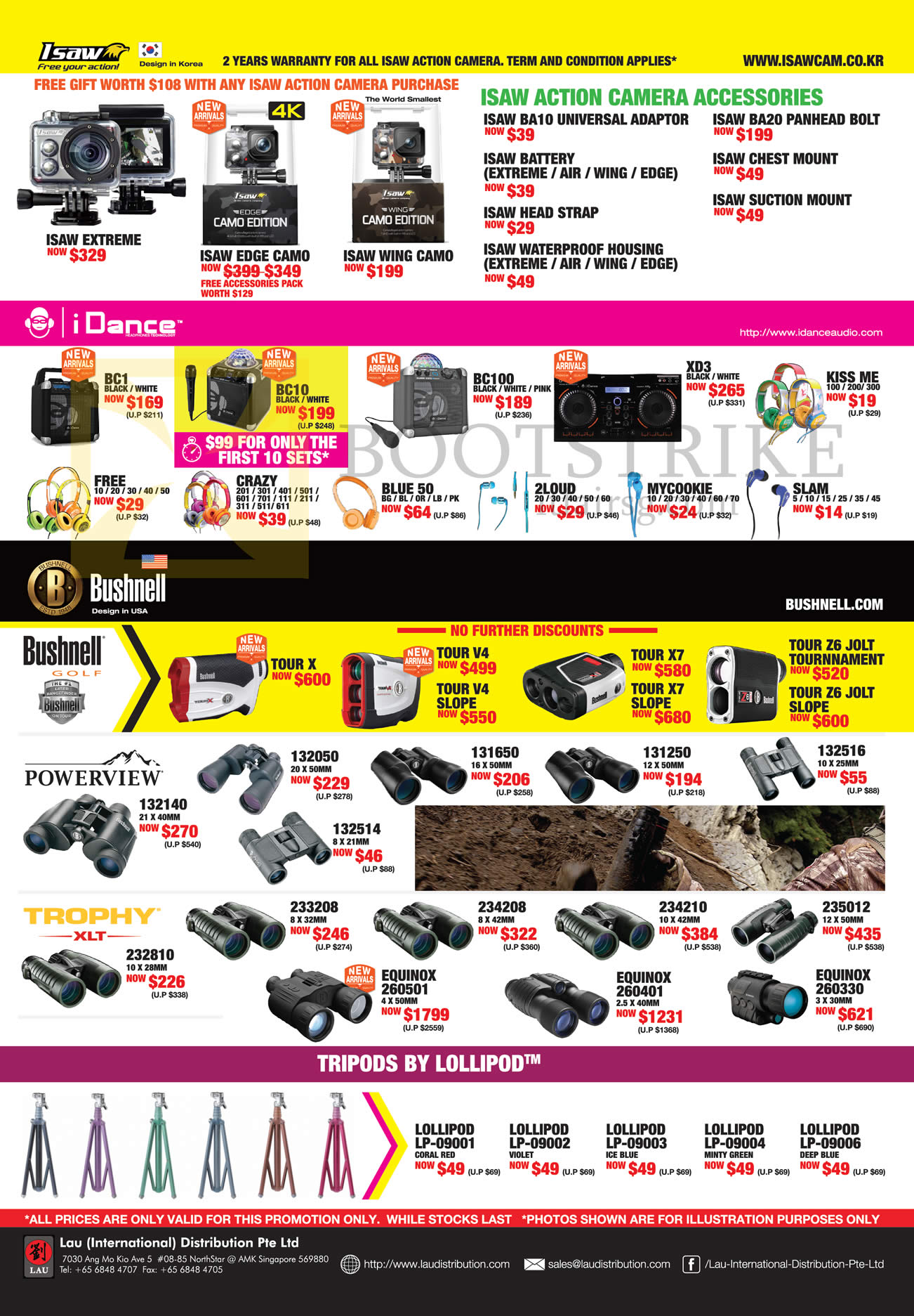 COMEX 2016 price list image brochure of Lau Intl Isaw Action Camera Accessories, IDance, Bushnell Binoculars, Lollipod Tripods, Trophy XLT, Powerview