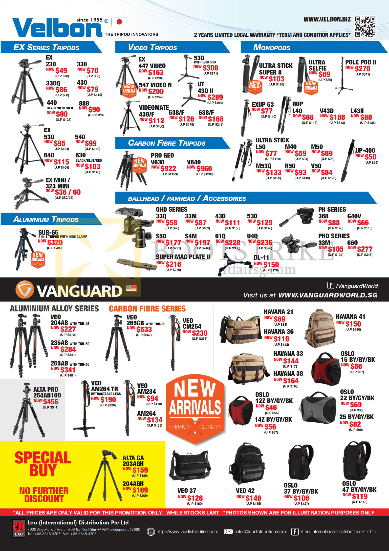 COMEX 2016 price list image brochure of Lau Intl Velbon Vanguard Tripods, Aluminium, Video, Monopods, Carbon Fibre, Ballhead, Panhead