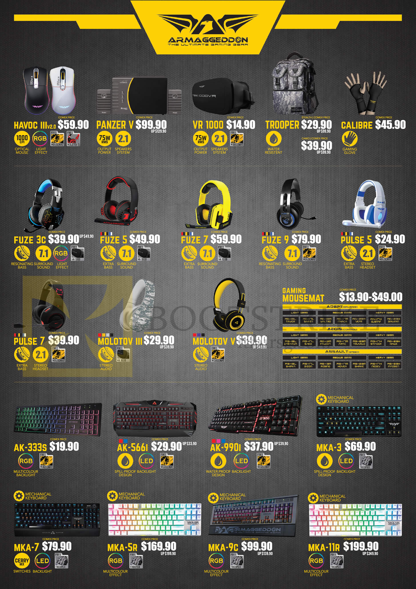 COMEX 2016 price list image brochure of Leapfrog Armaggeddon Mouse, Backpack, Handgloves, Headphones, Keyboards, Havoc III, Panzer V, VR 1000, Trooper, Calibre, Fuze 3c, 5, Pulse 5, 7, AK-333S, 566I, 990I