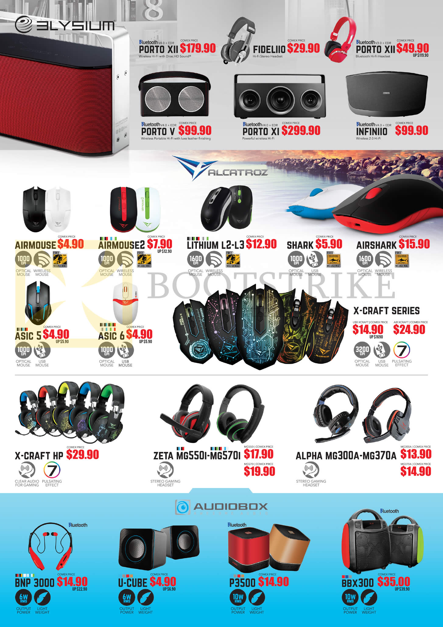 COMEX 2016 price list image brochure of Leapfrog Elysium Bluetooth Speakers, Mouse, Headphones, Porto XII, Fideliio, Airmouse, 2, Shark, Lithium L-2, L3, Airshack, Asic 5, 6, X-Craft HP, Zeta MG550I