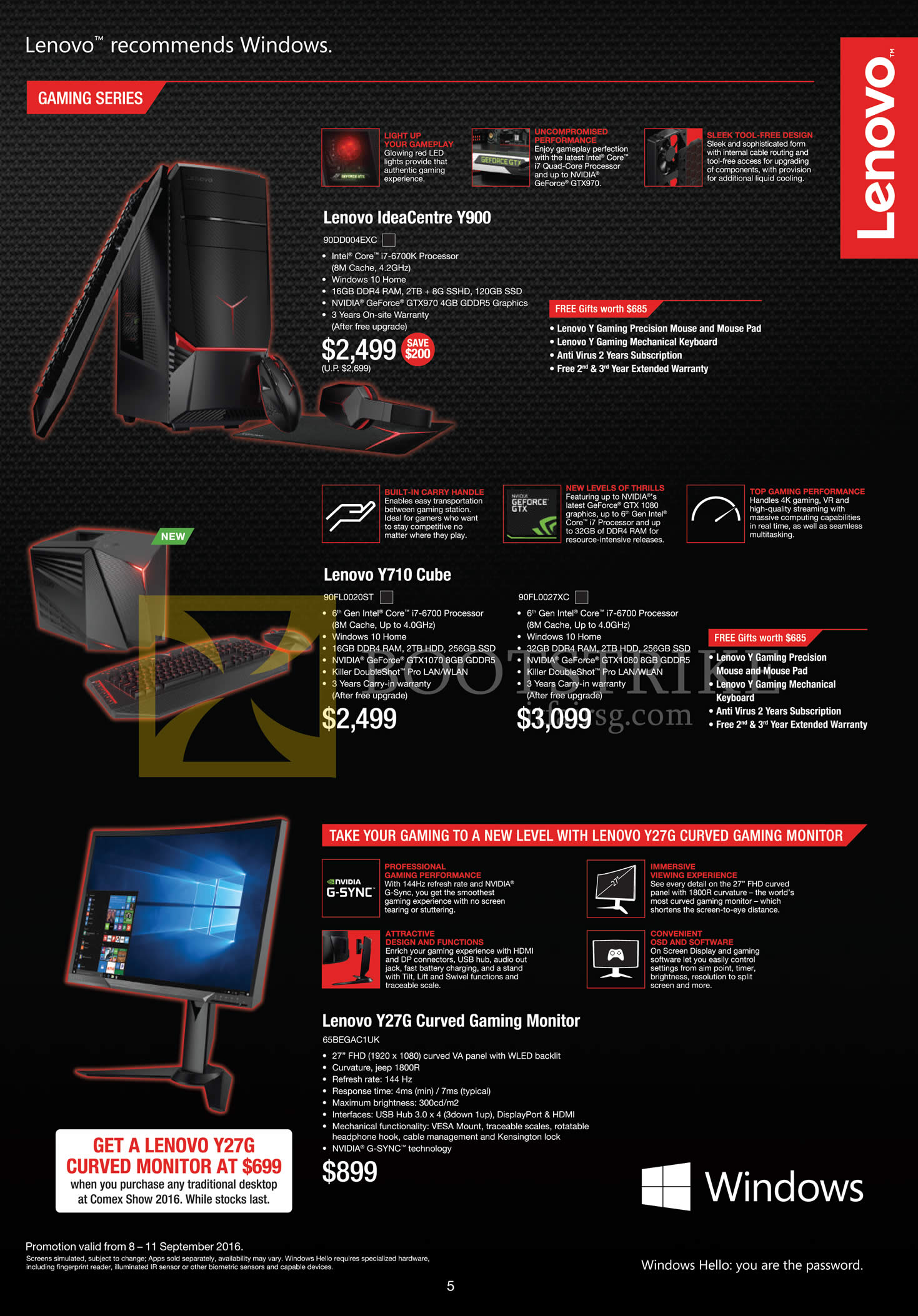 COMEX 2016 price list image brochure of Lenovo Desktop PCs Gaming IdeaCentre Y900, Y710 Cube, Y27G Monitor