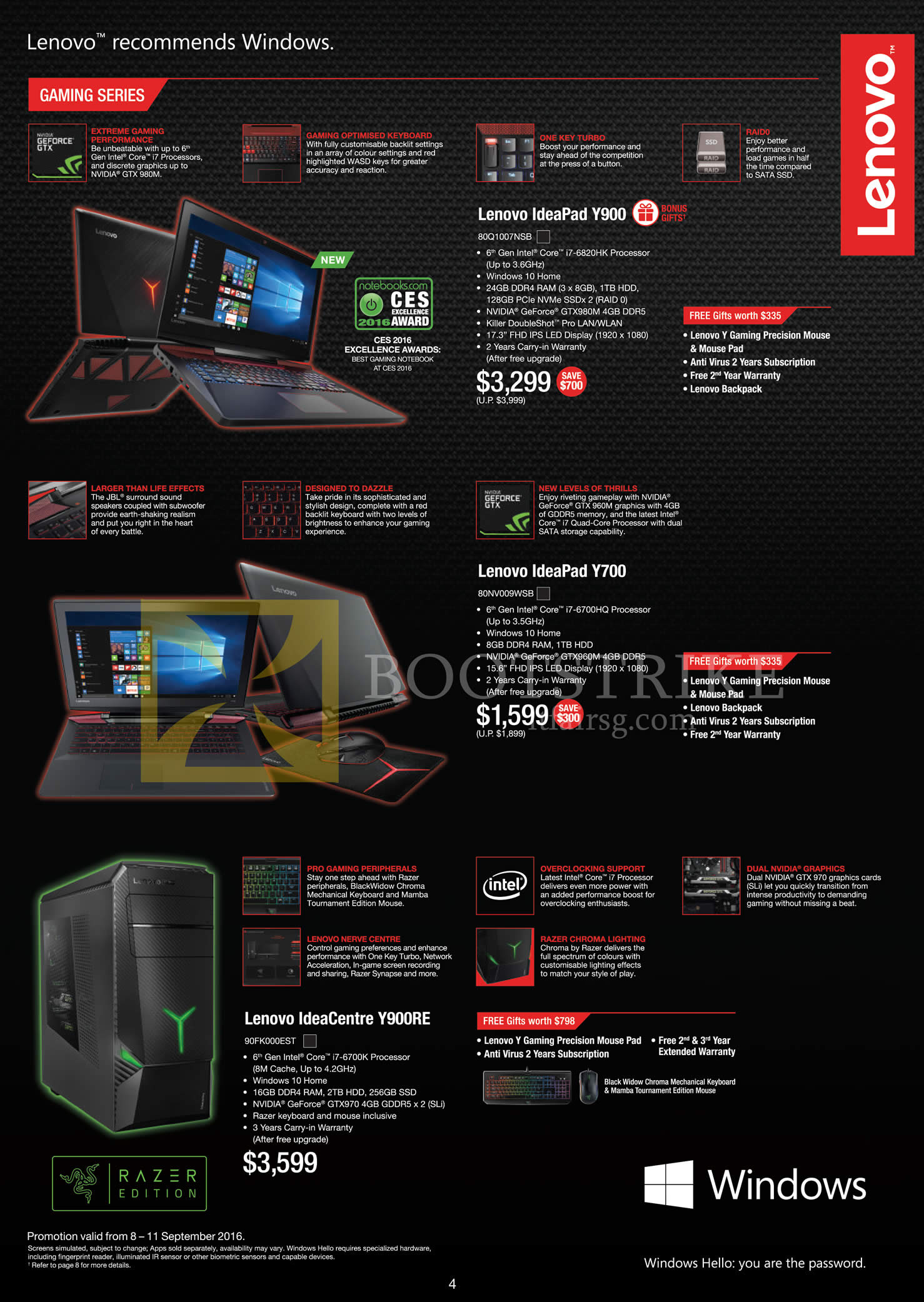 COMEX 2016 price list image brochure of Lenovo Notebooks IdeaPad Y900, Y700, Desktop PC Razer Y900RE