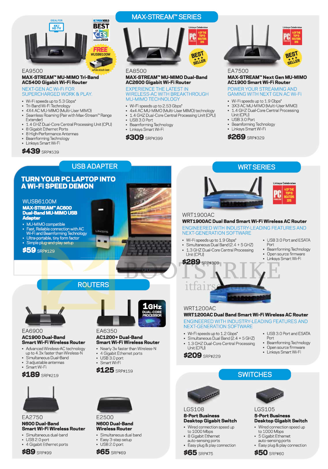 COMEX 2016 price list image brochure of Linksys Wi-Fi Wireless Routers, AC Routers, Gigabit Switches, USB Adapter, EA9500, EA8500, EA7500, WUSB6100M, WRT1900AC, WRT1200AC, EA6900, EA6350, EA2750