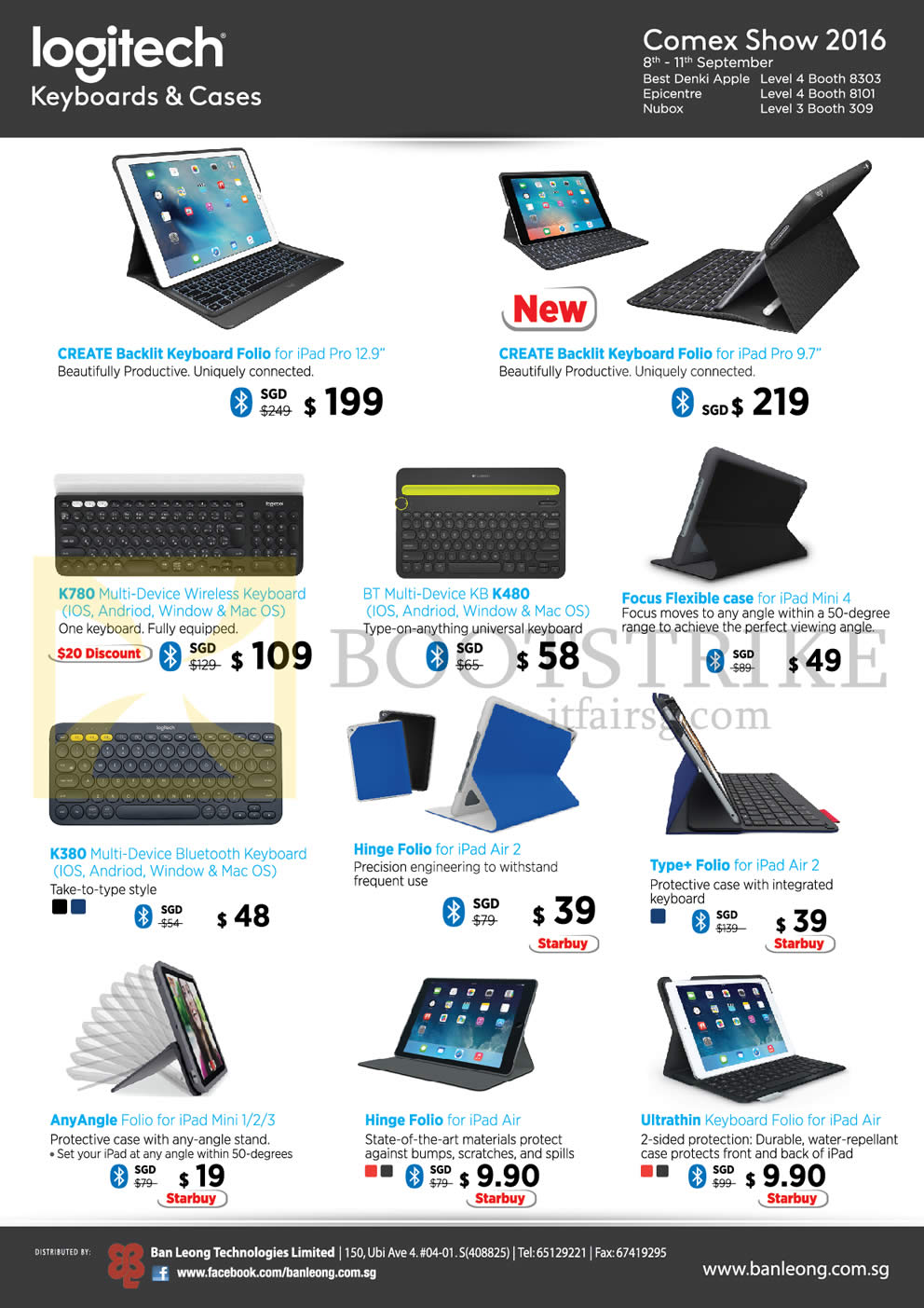 COMEX 2016 price list image brochure of Logitech Keyboards, Cases, Create Backlit Keyboard Folio, K780, K480, Focus Flexible Case, K380, Hinge Folio, Type Plus Folio, Any Angle, Hinge Folio, Ultrathin