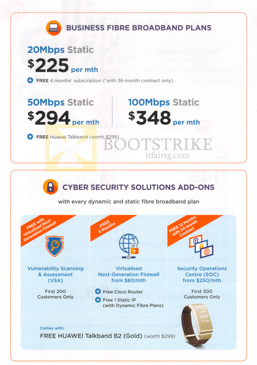 COMEX 2016 price list image brochure of M1 Business Fibre Broadband Plans, Cyber Security Solutions Add-Ons, 225.00 20Mbps, 294.00 50Mbps, 348.00 100Mbps Static