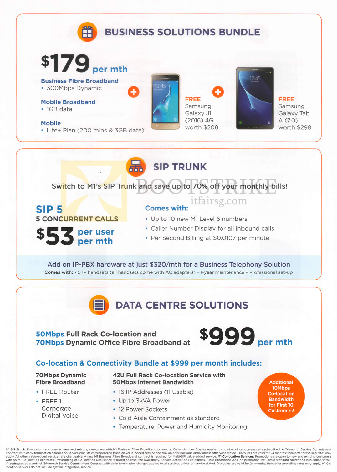 COMEX 2016 price list image brochure of M1 Business Solutions Bundle, SIP Trunk, Data Centre Solutions, Free Samsung Galaxy J1 2016, Tab A 7