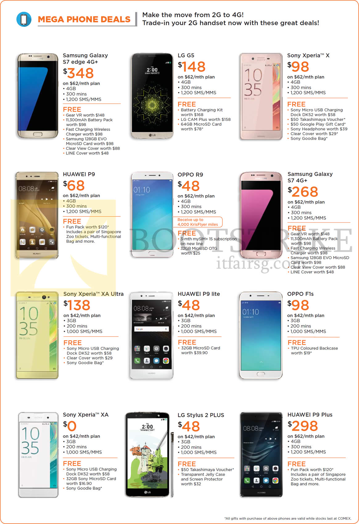 COMEX 2016 price list image brochure of M1 Mobile Phone Deals Samsung Galaxy S7 Edge, S7, LG G5, Stylus 2 Plus, Sony Xperia X, XA Ultra, XA, Huawei P9, P9 Plus, Oppo R9, F1s