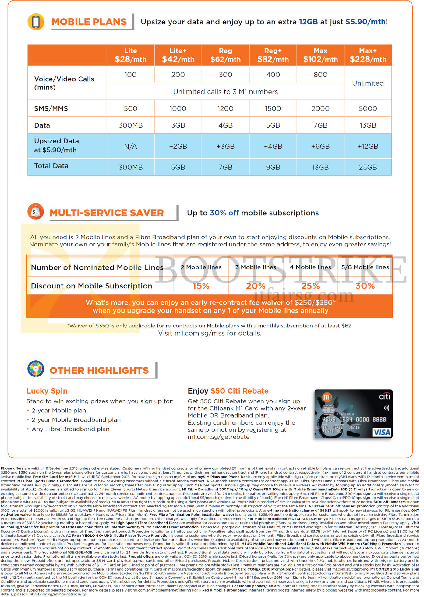 COMEX 2016 price list image brochure of M1 Mobile Plans, Multi Service Saver, Lucky Spin, 50 Dollar City Rebate, Lite, Plus, Reg, Plus, Max, Plus