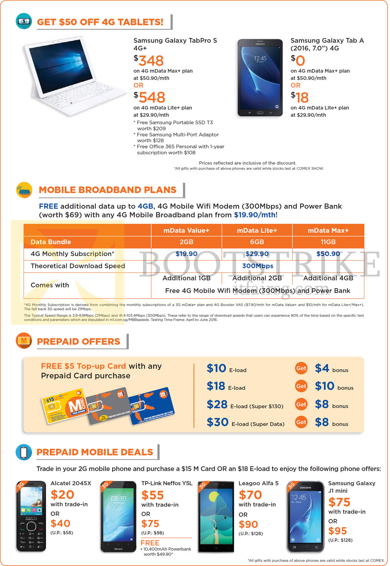 COMEX 2016 price list image brochure of M1 Tablets, Mobile Broadband Plans, Prepaid, Samsung Galaxy TabPro S, Tab A 2016 7.0, Alcatel 2045X, TP-Link Neffos Y5L, Leagoo Alfa 5, Samsung Galaxy J1 Mini