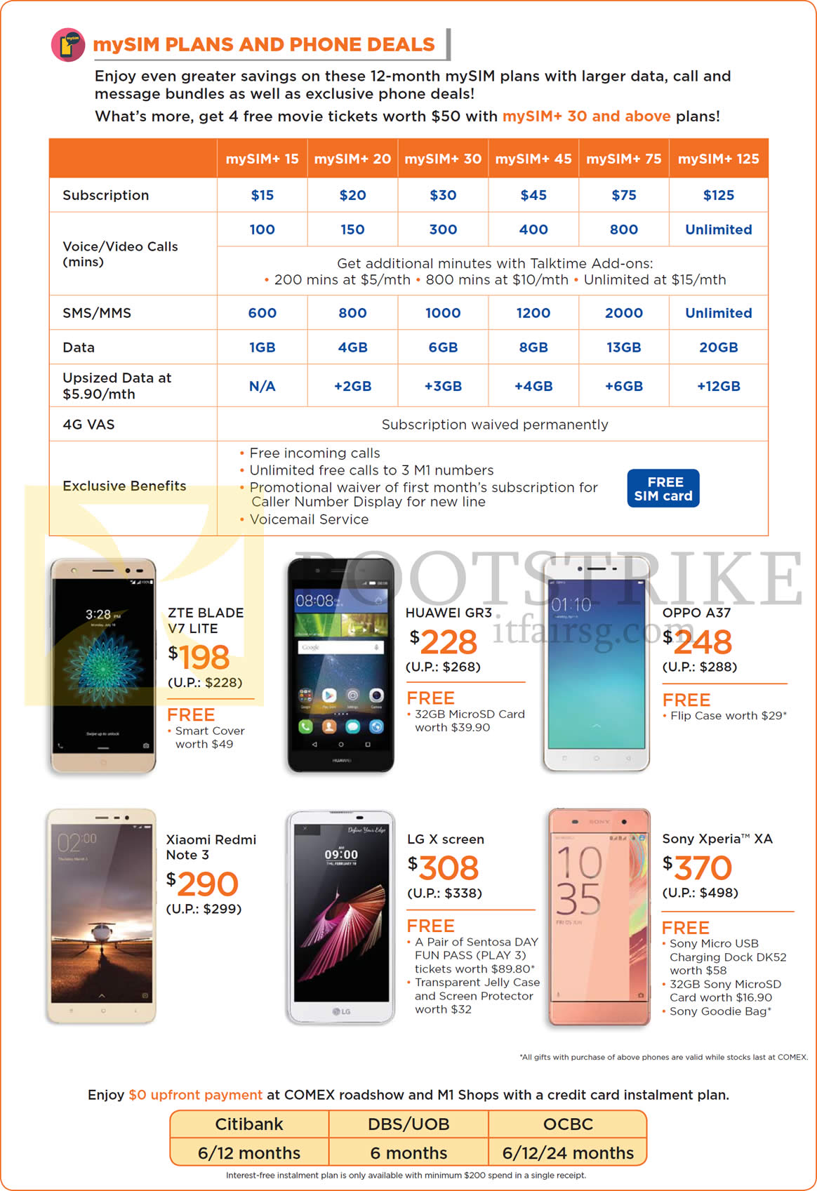 COMEX 2016 price list image brochure of M1 MySIM Plans, Phone Deals, Credit Card Instalment Plans MySIM Plus, ZTE Blade V7 Lite, Huawei GR3, Oppo A37, Sony Xperia XA, LG X Screen, Xiaomi Redmi Note 3