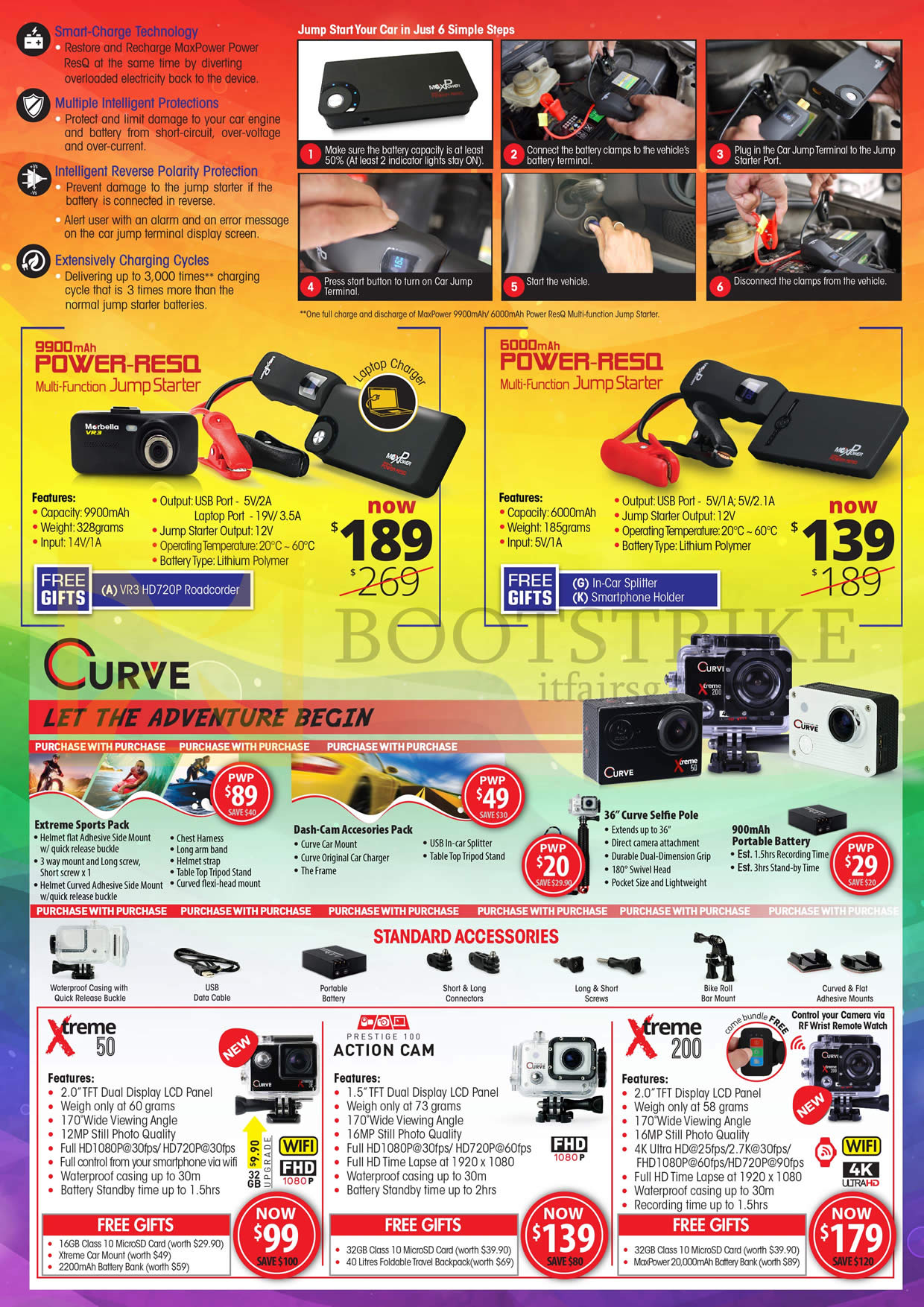 COMEX 2016 price list image brochure of Maka GPS Marbella Car Cameras, Jump Starter, Power RE50, Curve, Xtreme 50, 200, Prestige 100 Action Cam