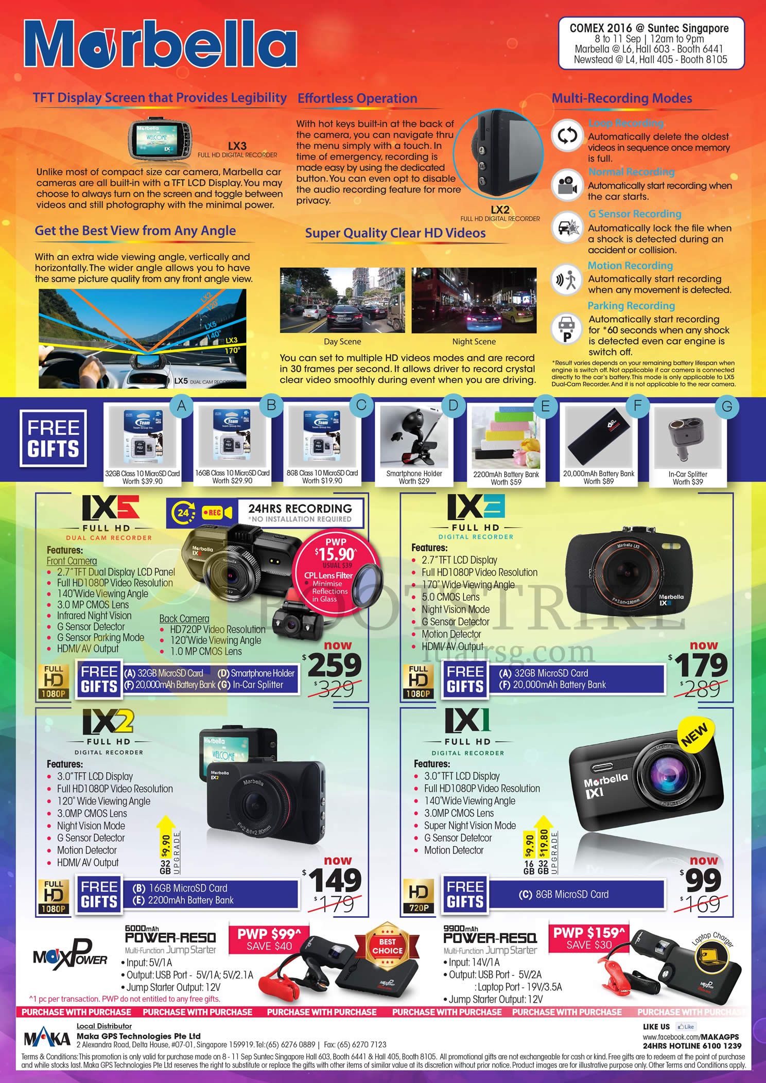 COMEX 2016 price list image brochure of Maka GPS Marbella Car Digital Cam Recorders LX3, LX5, LX2, LX1, Power RE50