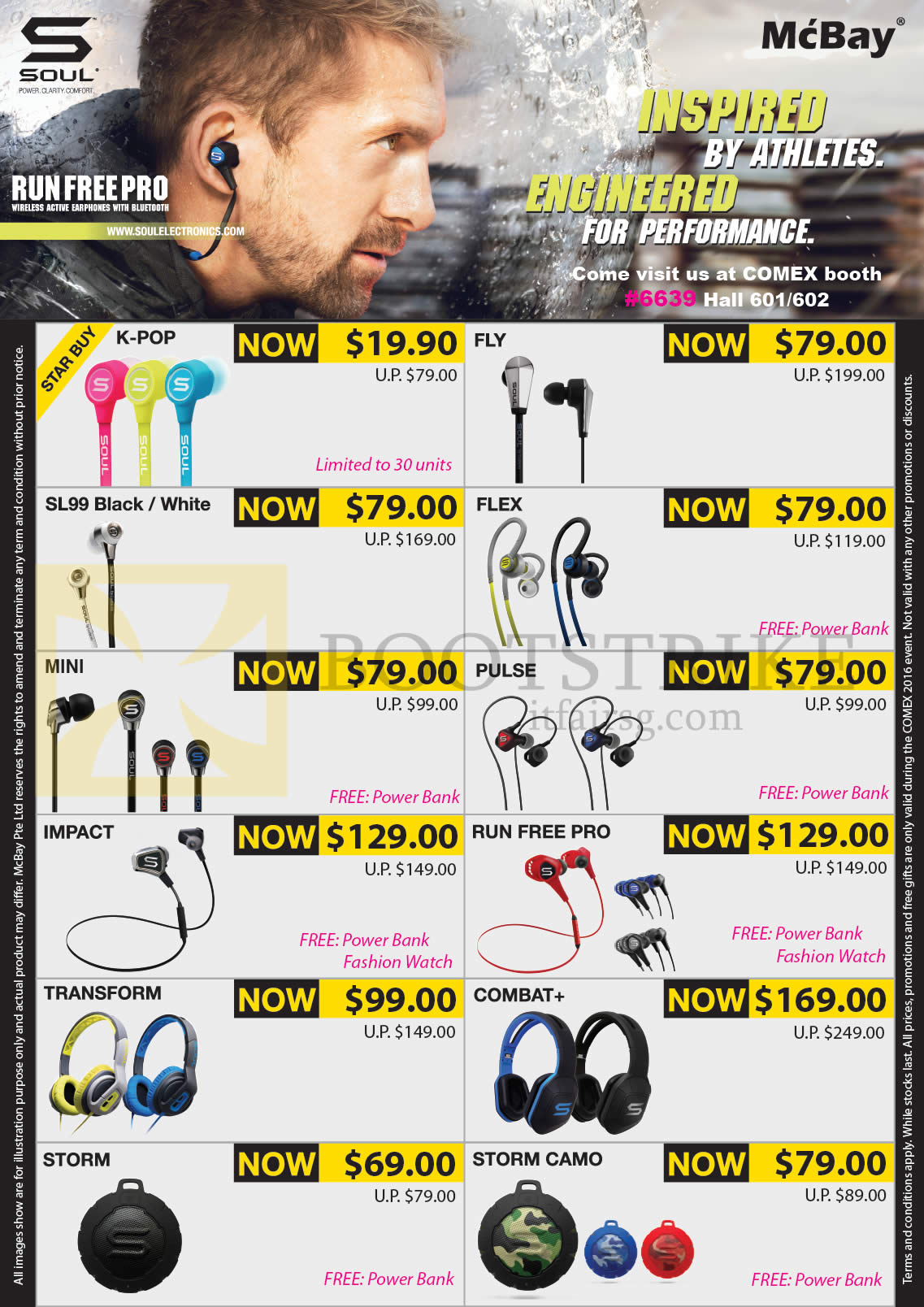 COMEX 2016 price list image brochure of McBay Earphones, Headphones, K-Pop, Fly, Flex, SL99 Black, White, Mini, Pulse, Impact, Run Free Pro, Transform, Combat Plus, Storm, Storm Camo