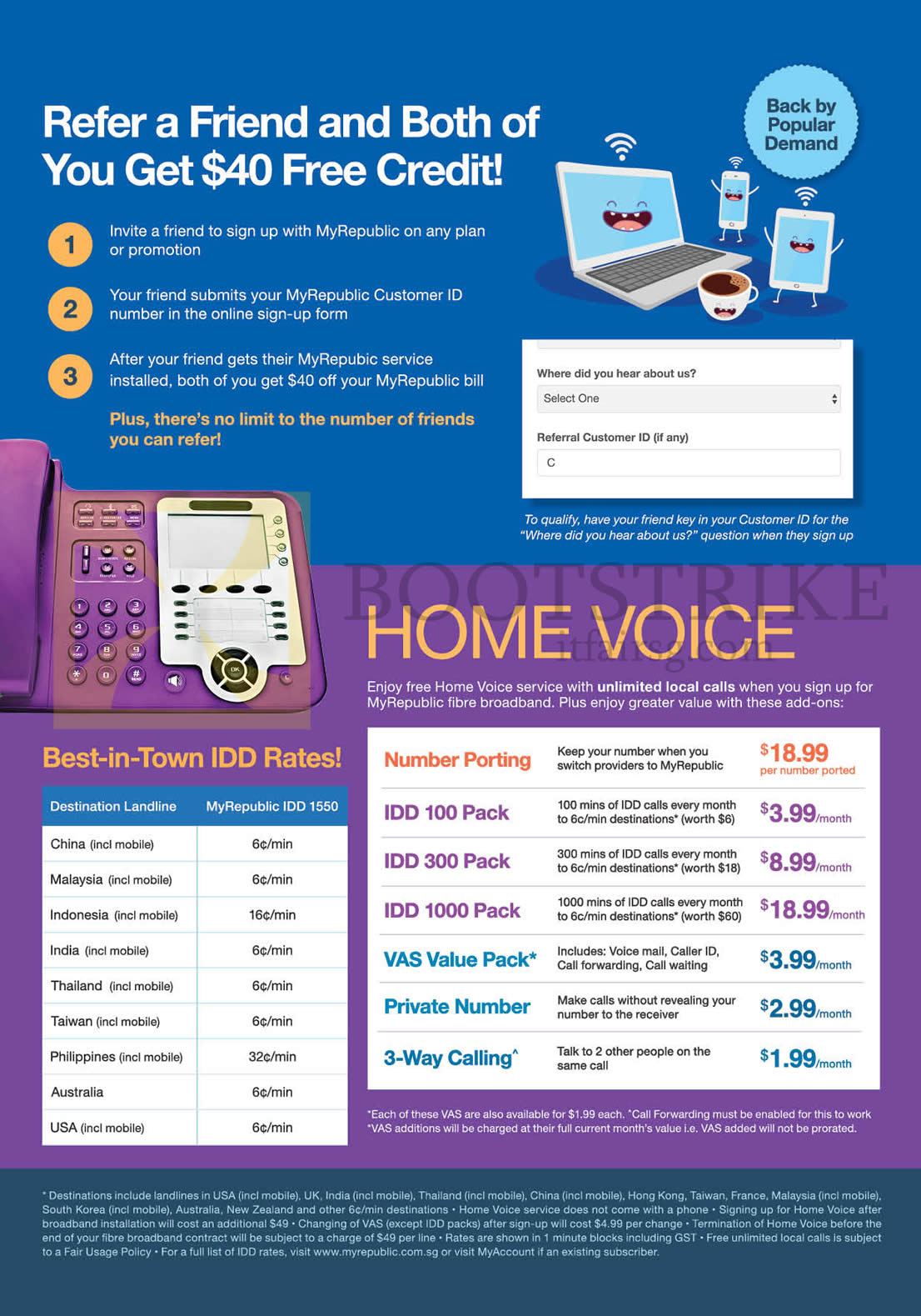 COMEX 2016 price list image brochure of MyRepublic Refer Friend N Get 40 Dollar Credit, Home Voice, IDD Rates