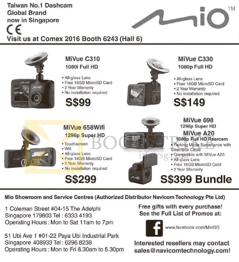 COMEX 2016 price list image brochure of Navicom Mio GPS Navigators MiVue C310, C330, 658Wifi, 698